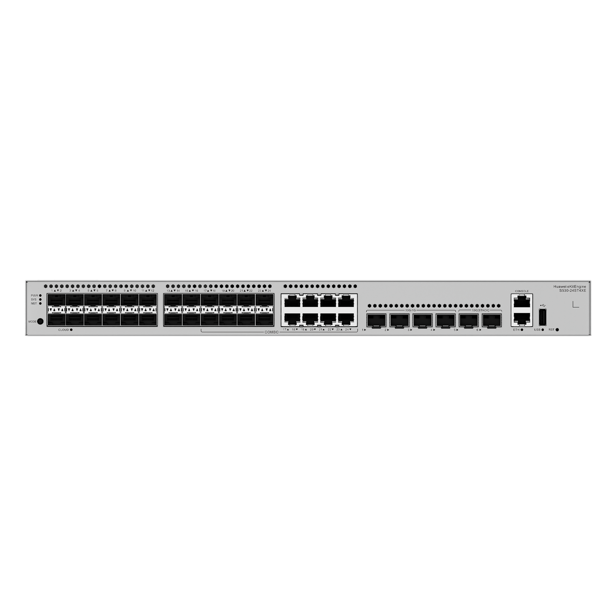 Switch Empresarial Core Gigabit Administrable  Capa 3 / 24 puertos 1GE SFP ( Combo con 8 Puertos 10/100/1000 Mbps) / 4 Puertos 10GE SFP+ Uplink / 2 Puertos 10GE SFP+ (Stack) / ERPS / Ruteo Dinámico (RIP, OSPF, IS-IS y BGP)  / iStack / Administraci& — HUAWEI · SKU S530-24ST4XE