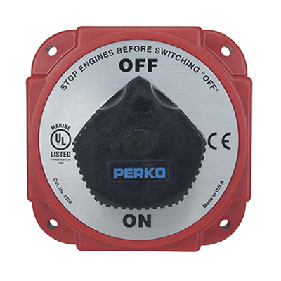 Interruptor Desconexión Batería 9703 con Desconexión Campo Alternador, 480 Amperios Continuos, 1200 Amperios Intermitentes, 6-32 VDC, Terminales 1/2 Pulgada, Montaje Marino