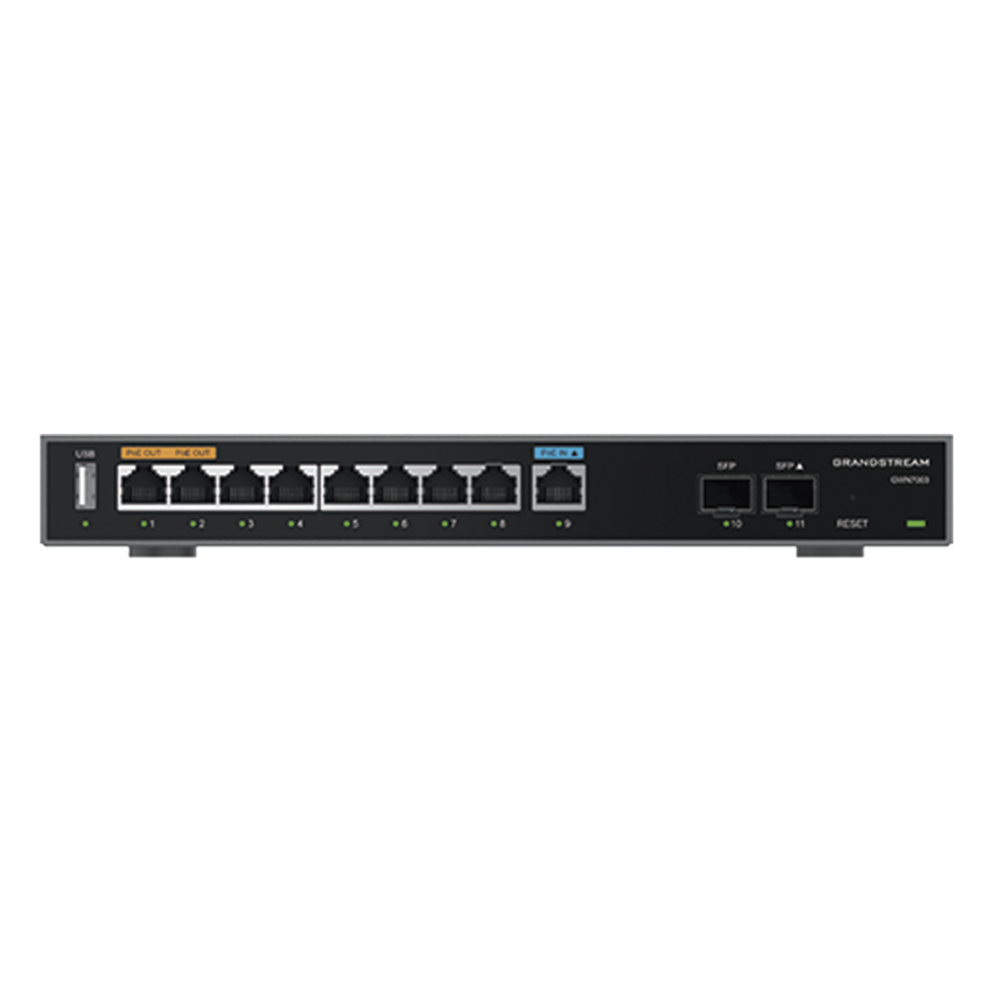 Router Gigabit VPN / Balanceador de cargas / 60,000 sesiones NAT / 9 puertos RJ45 Gigabit + 2 puertos SFP / PoE entrada y salida / Compatible con GWN Cloud — GRANDSTREAM · SKU GWN7003