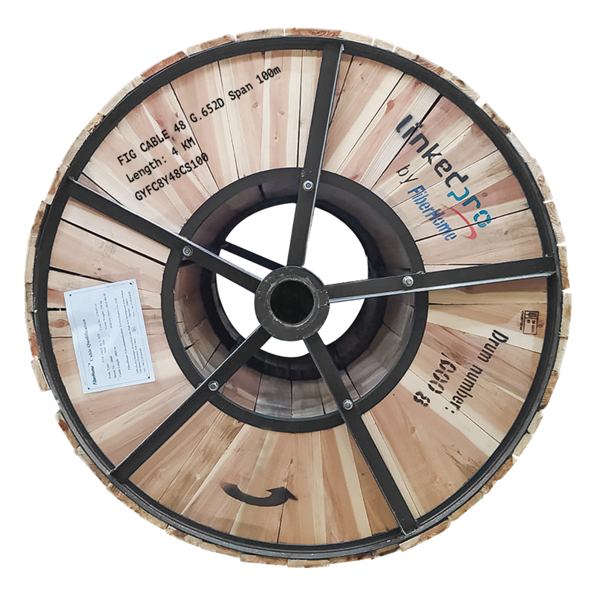 Carrete de 4 km de Fibra Óptica Aérea Figura 8 G.652D, Monomodo de 48 Hilos, Exterior, Span 100, Loose Tube — LINKEDPRO BY FIBERHOME · SKU GYFC-8Y-48C-S100/4KM