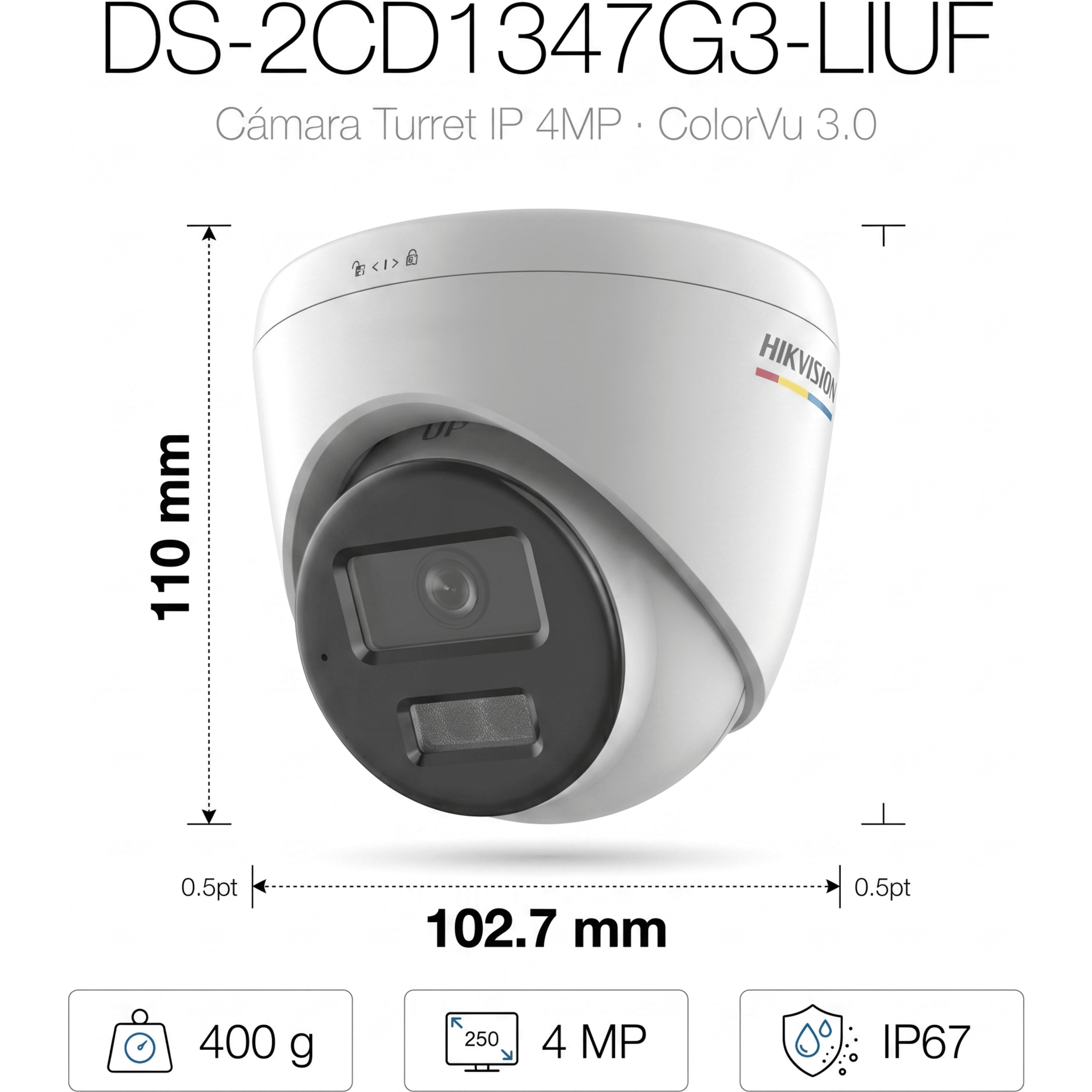 [ColorVu 3.0 + MD 3.0] Turret IP 4 Megapixel / Lente 2.8 mm / 30 mts IR + 30 mts Luz Blanca / Micrófono Integrado / Motion Detection 3.0 / Exterior IP67 / WDR 120 dB / PoE / Micro SD 