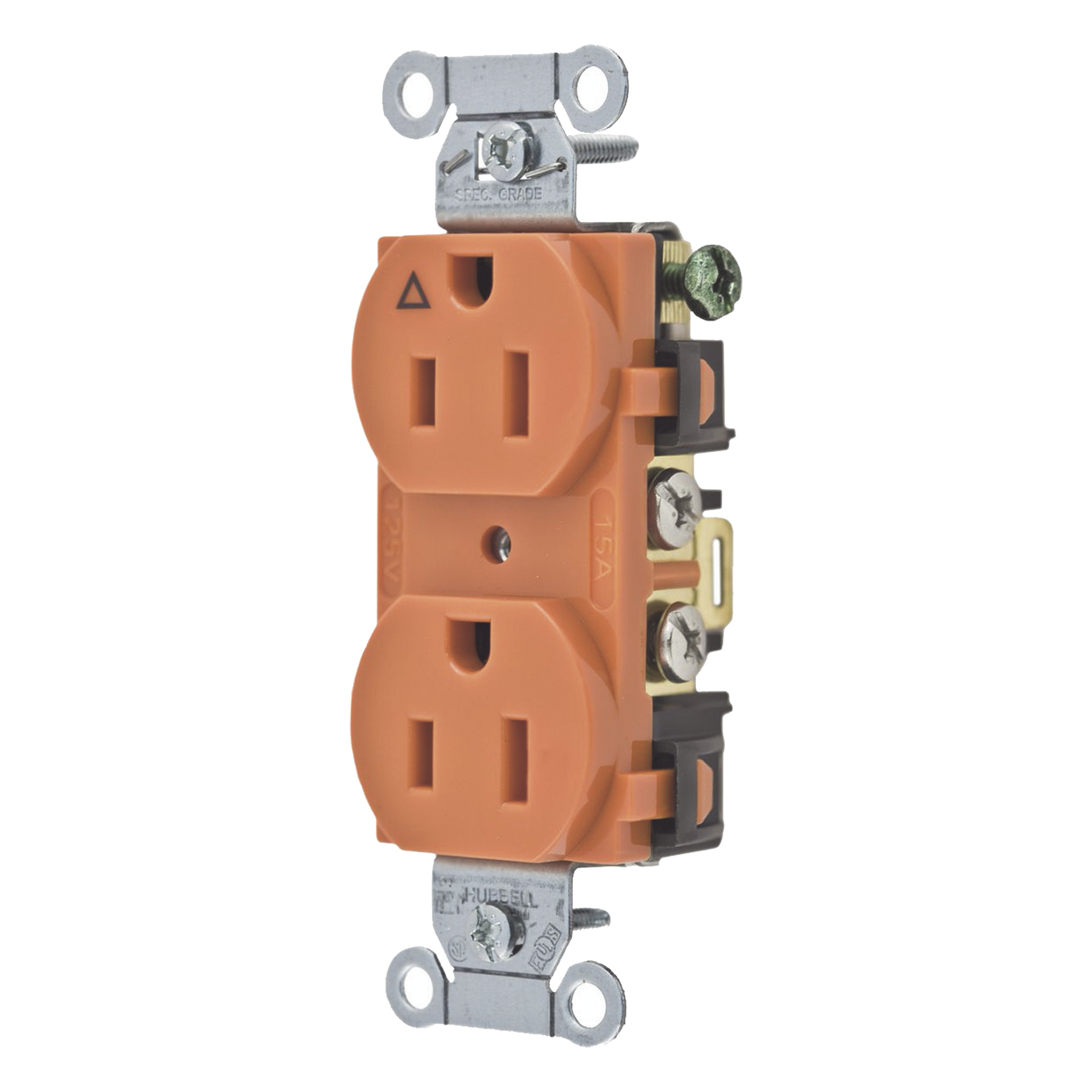Contacto Dúplex Conexión a Tierra Aislada/ 15A 125V/ 2 polos 3 Hilos/ Nema 5-15R /Grado Comercial/ Color Naranja. — HUBBELL · SKU HUB-IG-5252