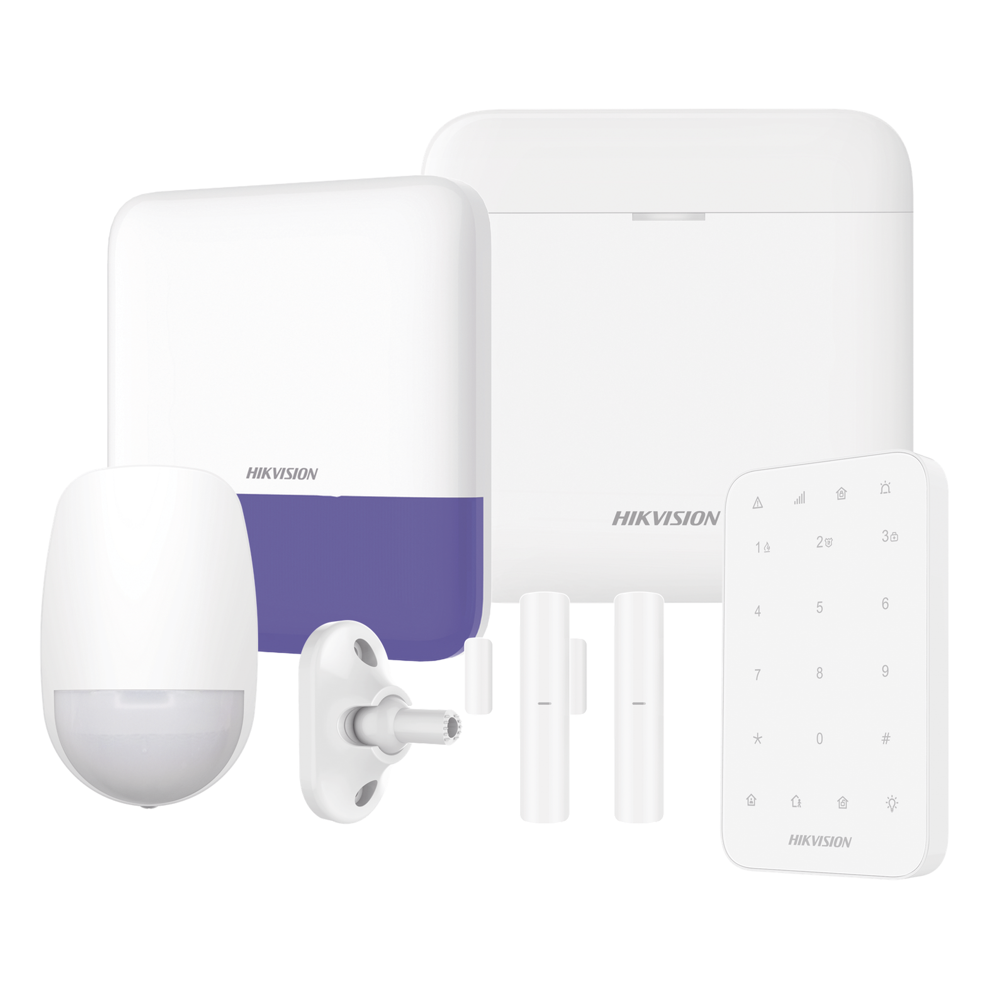 (AX PRO) KIT de Alarma AX PRO / Incluye: 1 Hub con bateria de respaldo / 1 Sensores PIR / 1 Montaje Universal para PIR / 2 Contactos Magnéticos / 1 Teclado / 1 Sirena Inalambrica Exterior / WiFi / Compatible con Hik-Connect P2P — HIKVISION · SKU AXPRO-KIT-KEYPAD