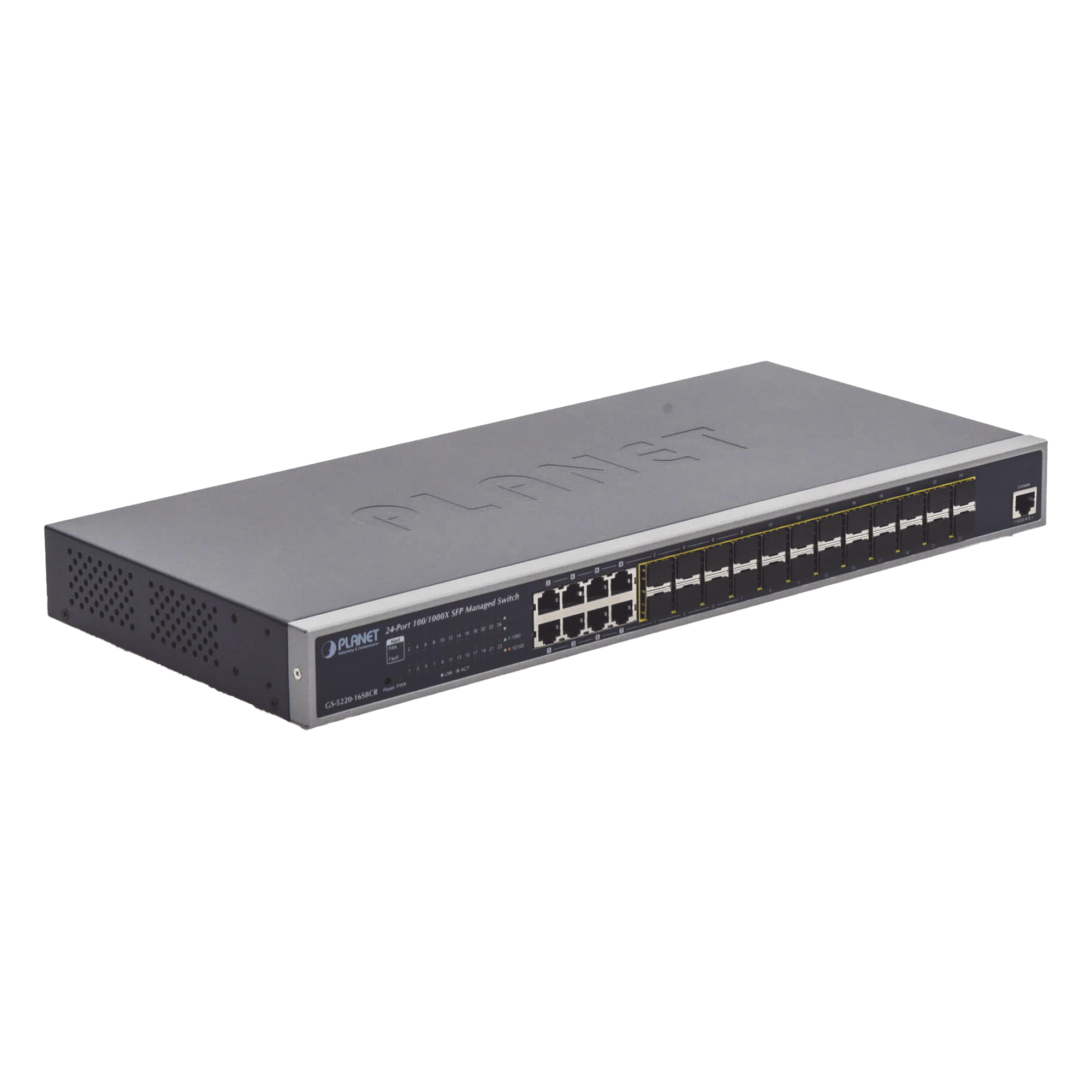 Switch Administrable Capa 2 con Fuente de Alimentación Redundante, 24 Puertos SFP Gigabit 100/1000X, 8 Puertos Combo RJ45 Gigabit. — PLANET · SKU GS-5220-16S8CR