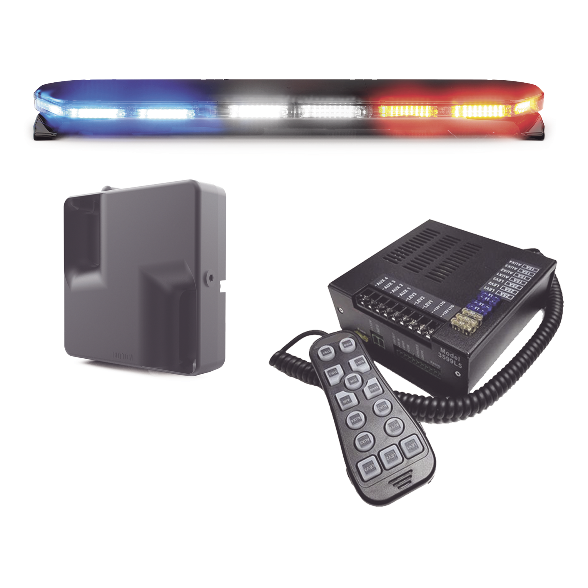 Kit de Sirena, Bocina y Torreta de 47", Serie 16 con 300 LEDs, Dual Color, Frente: Rojo/Blanco, Azul/Blanco, Trasero: Rojo/Ámbar, Azul/Ámbar — ECCO · SKU 16TR47KIT300C