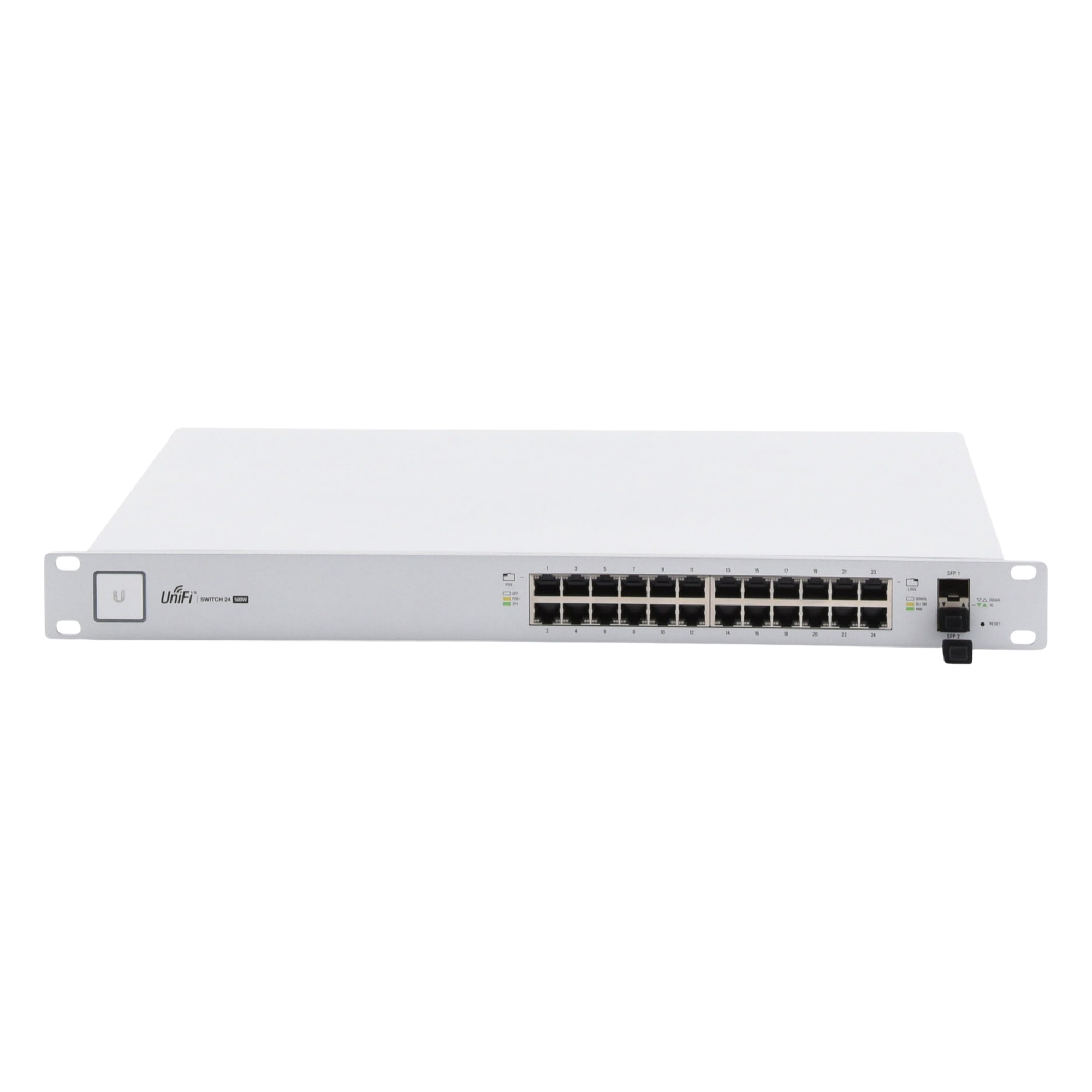 Switch PoE UniFi capa 2 Administrable de 26 puertos Gigabit (24 eth PoE y 2 SFP) 802.3 af/at / Pasivo 24V, 500 Watts, throughput de 38.69 Mpps