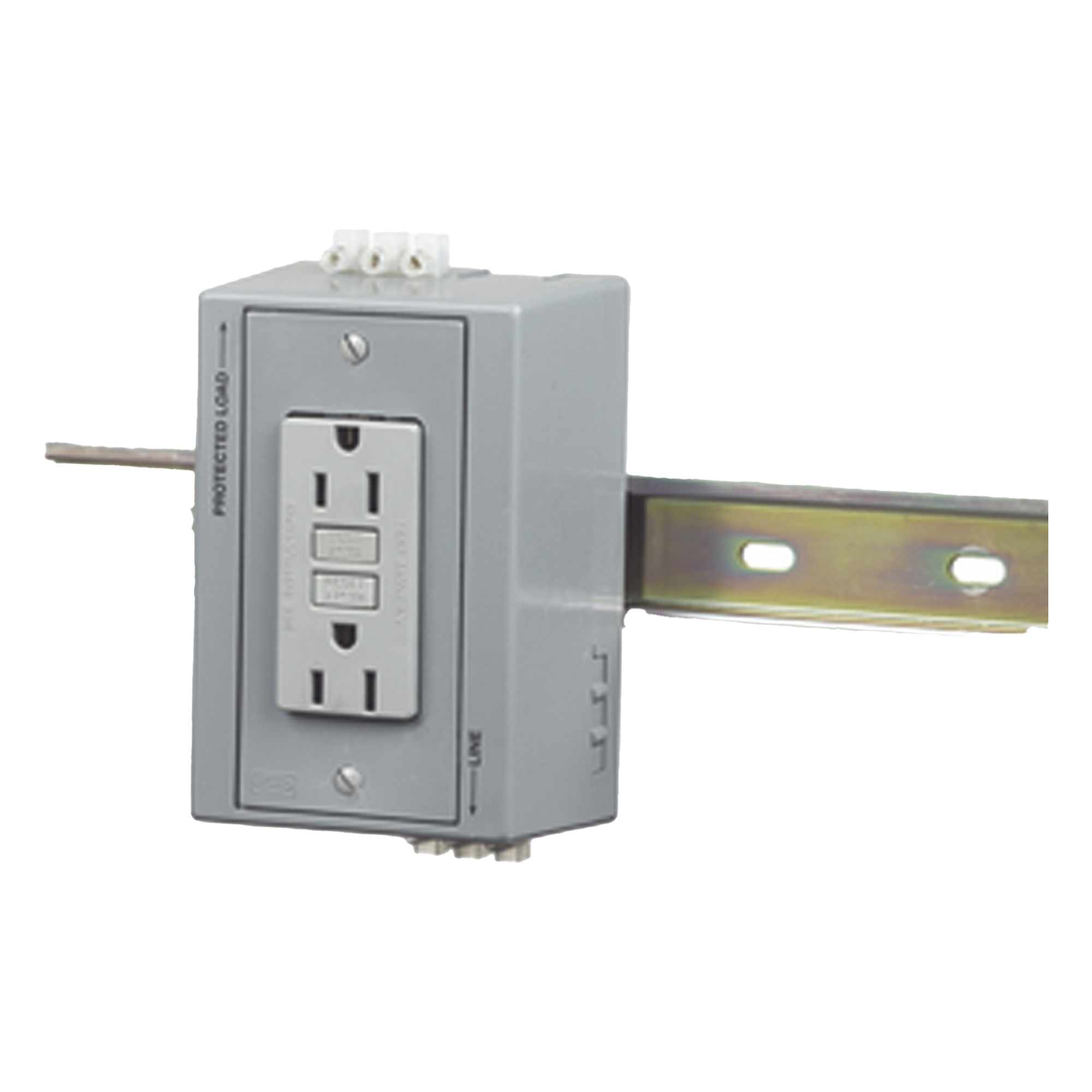 Caja Utilitaria para Montaje en Riel Din con Contacto Duplex de 15 A 125 V / Nema 5-15R / Gris. — HUBBELL · SKU HUB-DRUB-GFI15