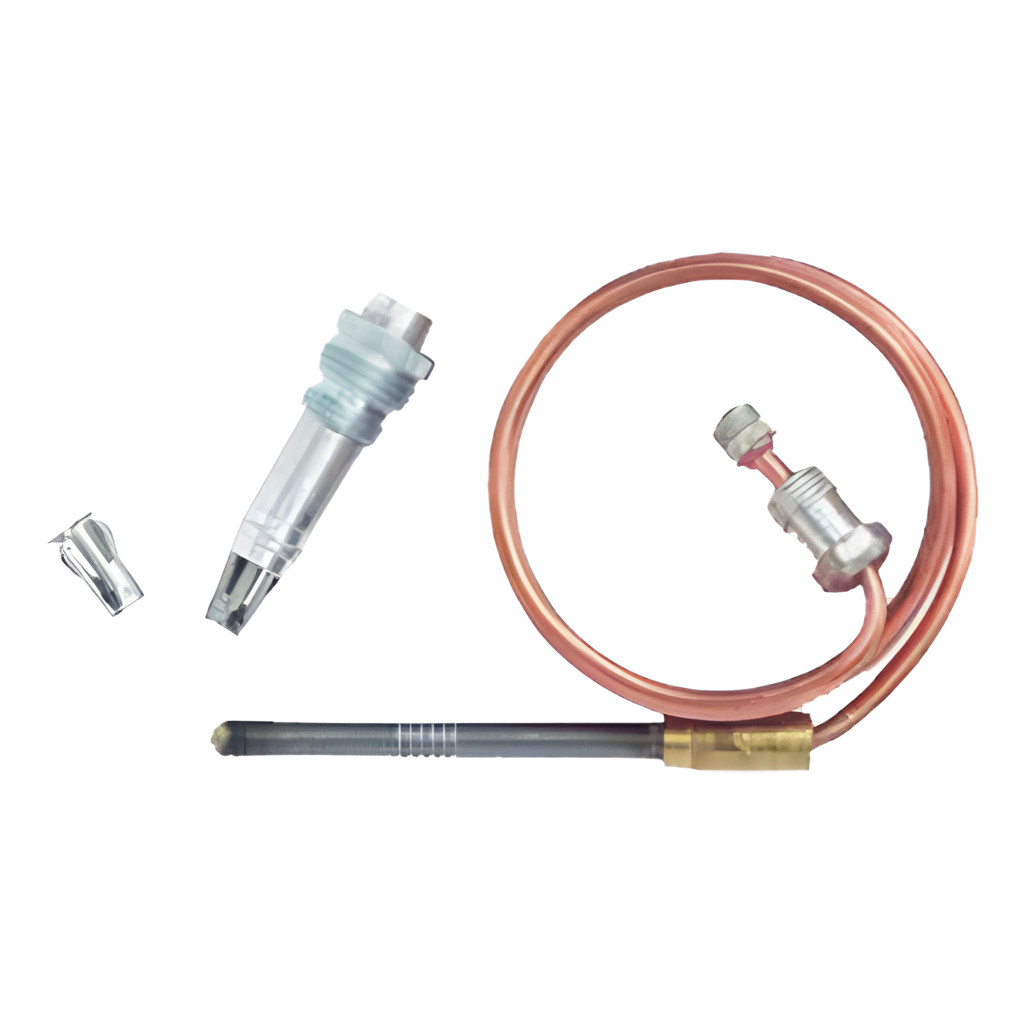 Termopar para sistema de piloto permanente en calefacción a gas, cable de 1.2 m y salida de 30 mV, con adaptador y clip de instalación rápida — HONEYWELL HOME RESIDEO · SKU Q340A1108/U
