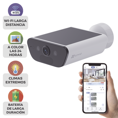 Camara de Bateria con Panel Solar Integrado / 4K Resolucion / WI-FI 6 / Vision Nocturna / Detección Humana y de Vehiculos / Batería de 10400 MAH / IP65 — EZVIZ · SKU CS-CB5/4K