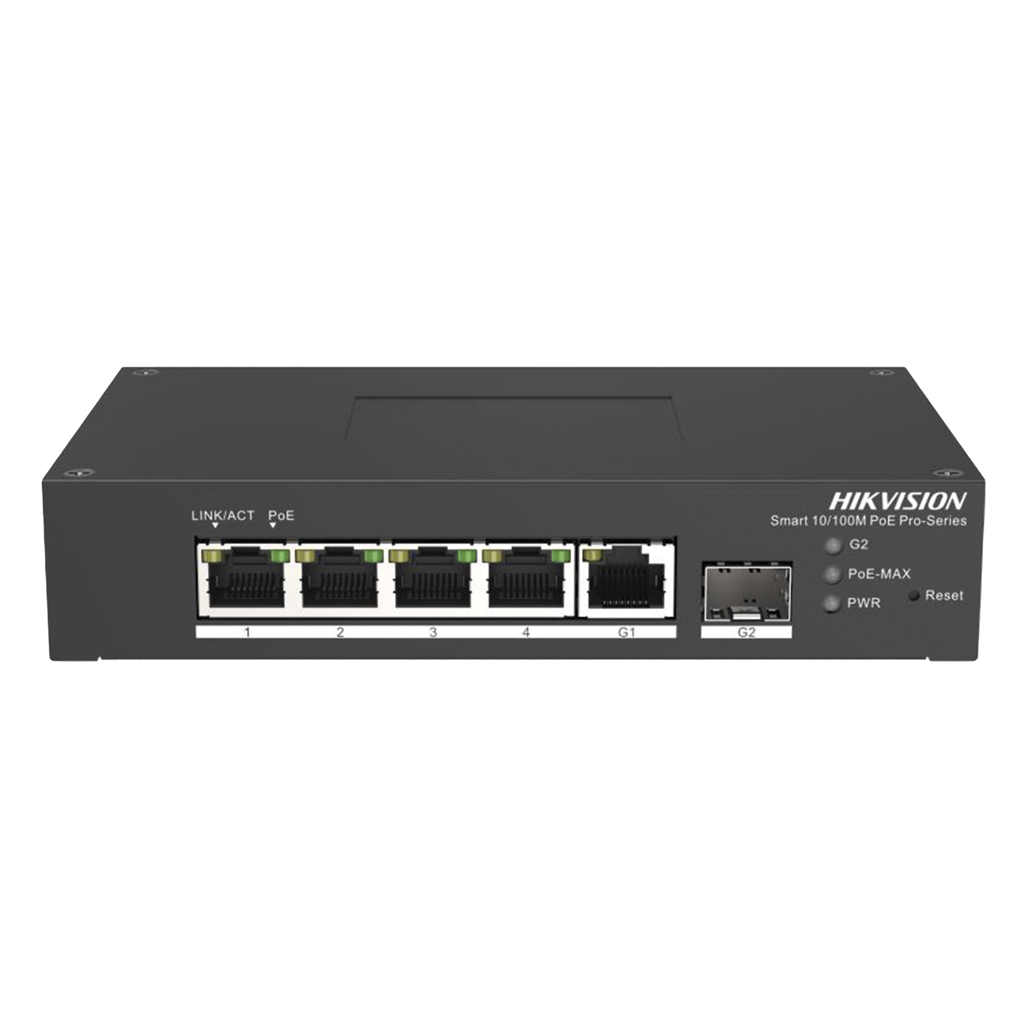 Switch PoE+ Industrial de Escritorio / Administrable / 4 Puertos 10/100 Mbps PoE+ / 1 Puerto 1000 Mbps Uplink / 1 Puertos SFP / Configuración Nube Hik-PartnerPro / Modo Extendido hasta 300 Metros / 60 Watts — HIKVISION · SKU DS-3T1306P-SI/HS