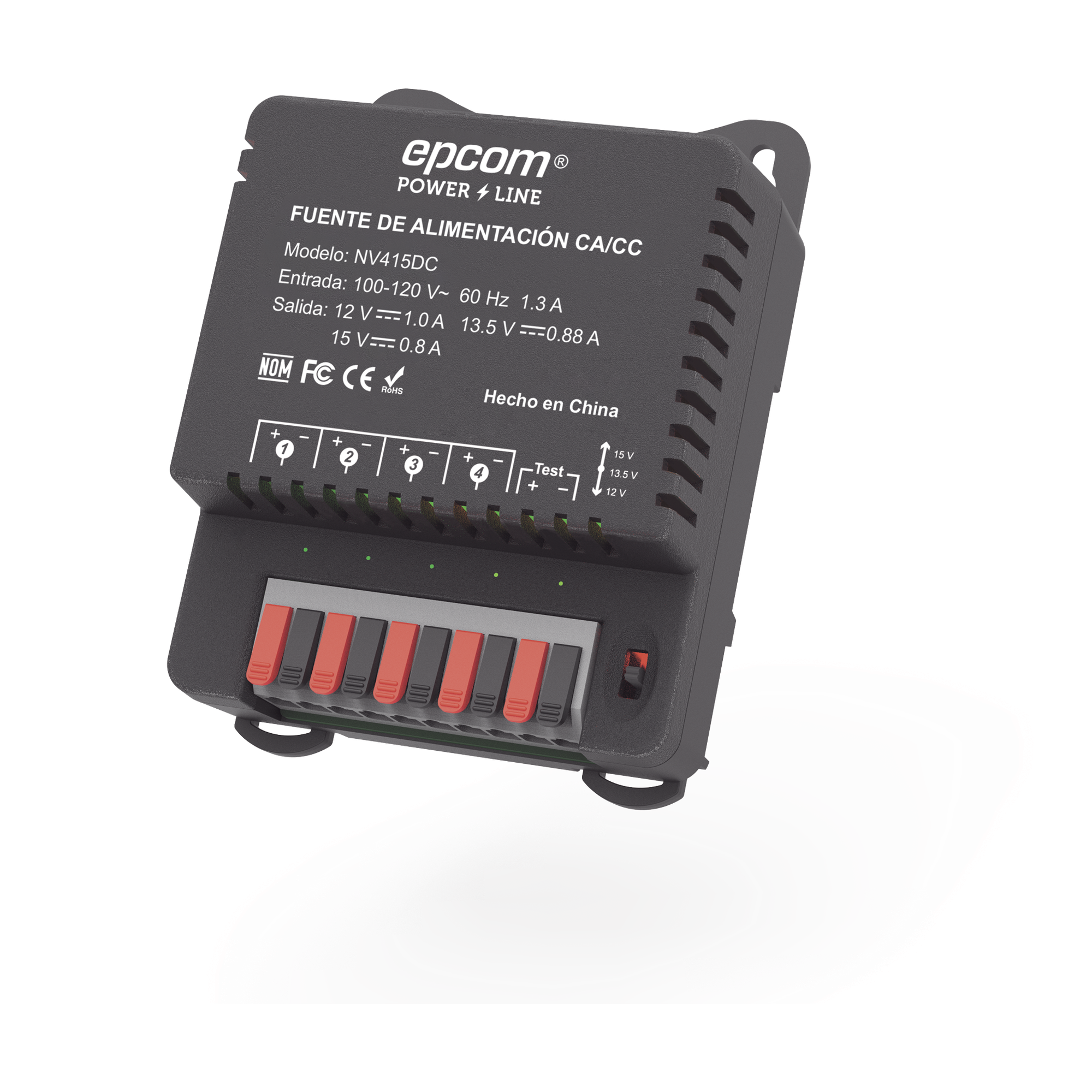 Fuente de Poder / Para 4 Cámaras / Ajustables a 12 o 13.5 o 15 Vcc / 4 Amperes / Instalación en Pared. — EPCOM POWERLINE · SKU NV-415-DC
