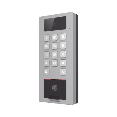 (PoE / 2 Relays) Terminal de Control de Acceso / Videoportero Multiapartamento Llamada a App / Teclado / Exterior Antivandálico IP65 & IK09 / Huella, Tarjeta, Código QR, PIN o App Hik-Connect / Cámara 2 MP compatible con NVRs