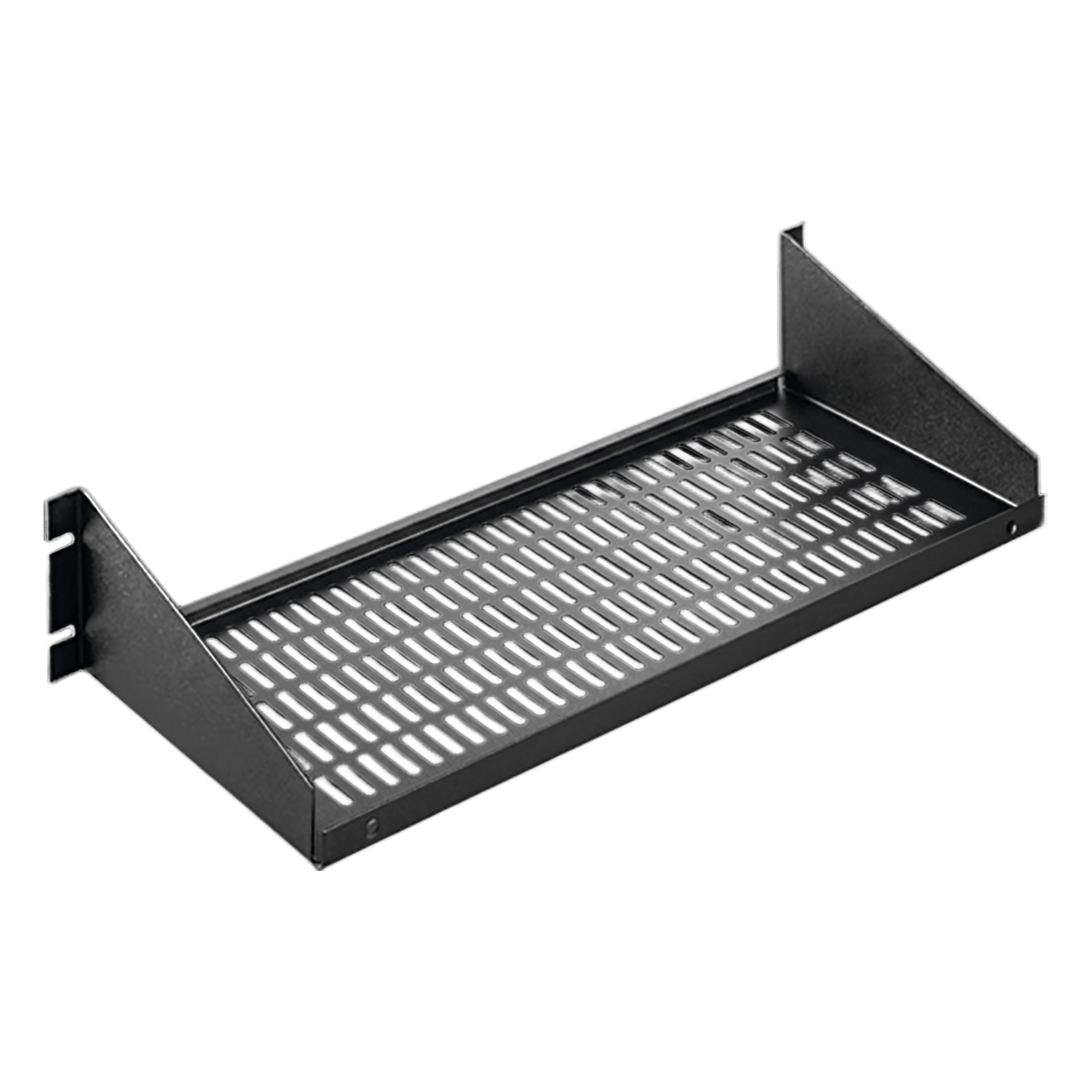 Charola para Rack 19 Pulgadas, Capacidad de Carga 34 kg, Base Ventilada, Acero Dulce Color Negro, 2 UR, Dimensiones 482x381x95 mm