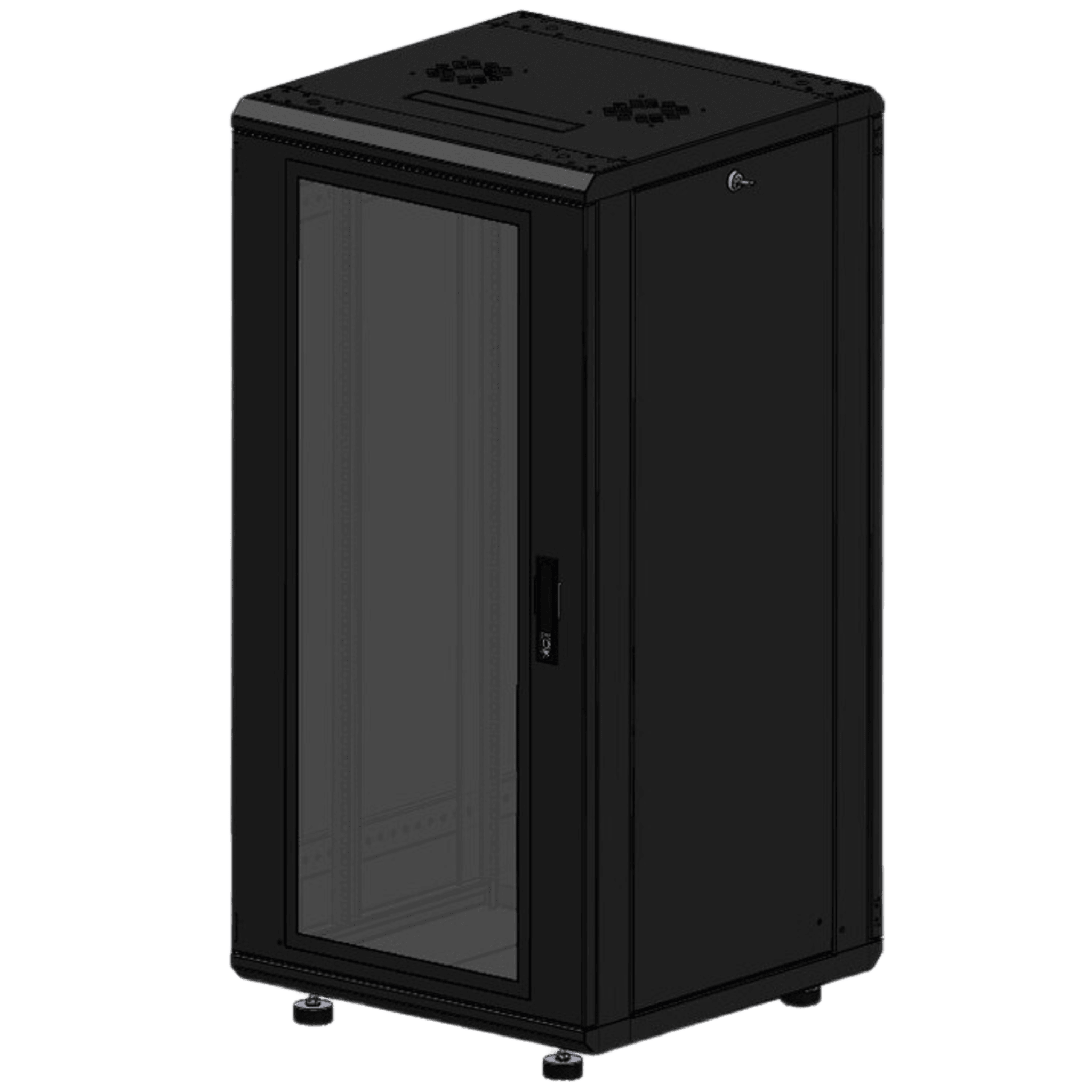 Gabinete Rackeable 19 Pulgadas / 24 Unidades / Piso / Puerta de Cristal / Acero Calibres 16-18-20 / Capacidad 750 Kg / Dimensiones 600x605x1190 mm (23.6x23.8x46.9 in) / Ventilación 120 mm, Niveladores Incluidos