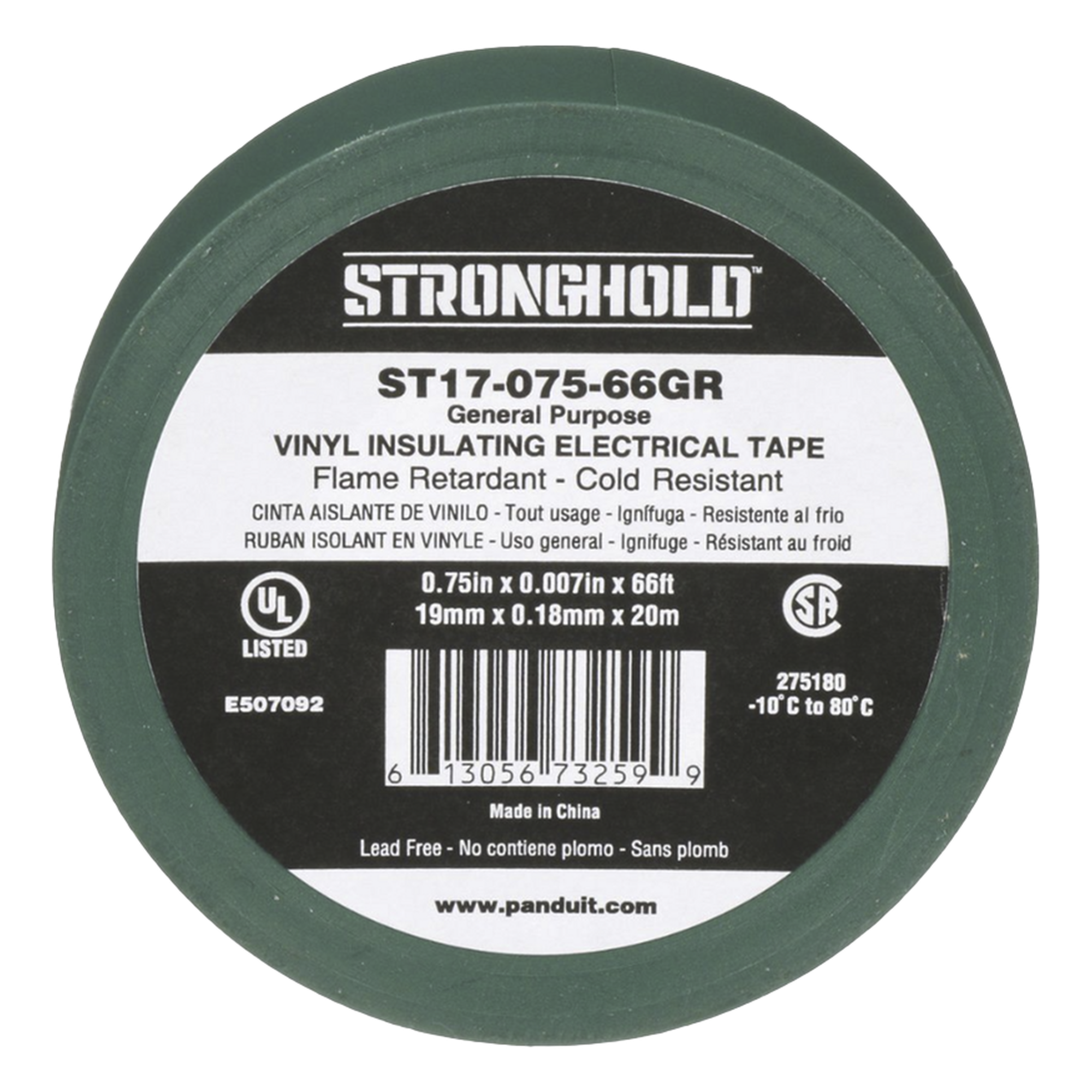 Cinta Eléctrica STRONGHOLD para Aislar, de PVC, Uso General Reparación y Mantenimiento, Grosor de 0.18mm (7 mil), Ancho de 19mm, y 20.12m de Largo, Color Verde — PANDUIT · SKU ST17-075-66GR