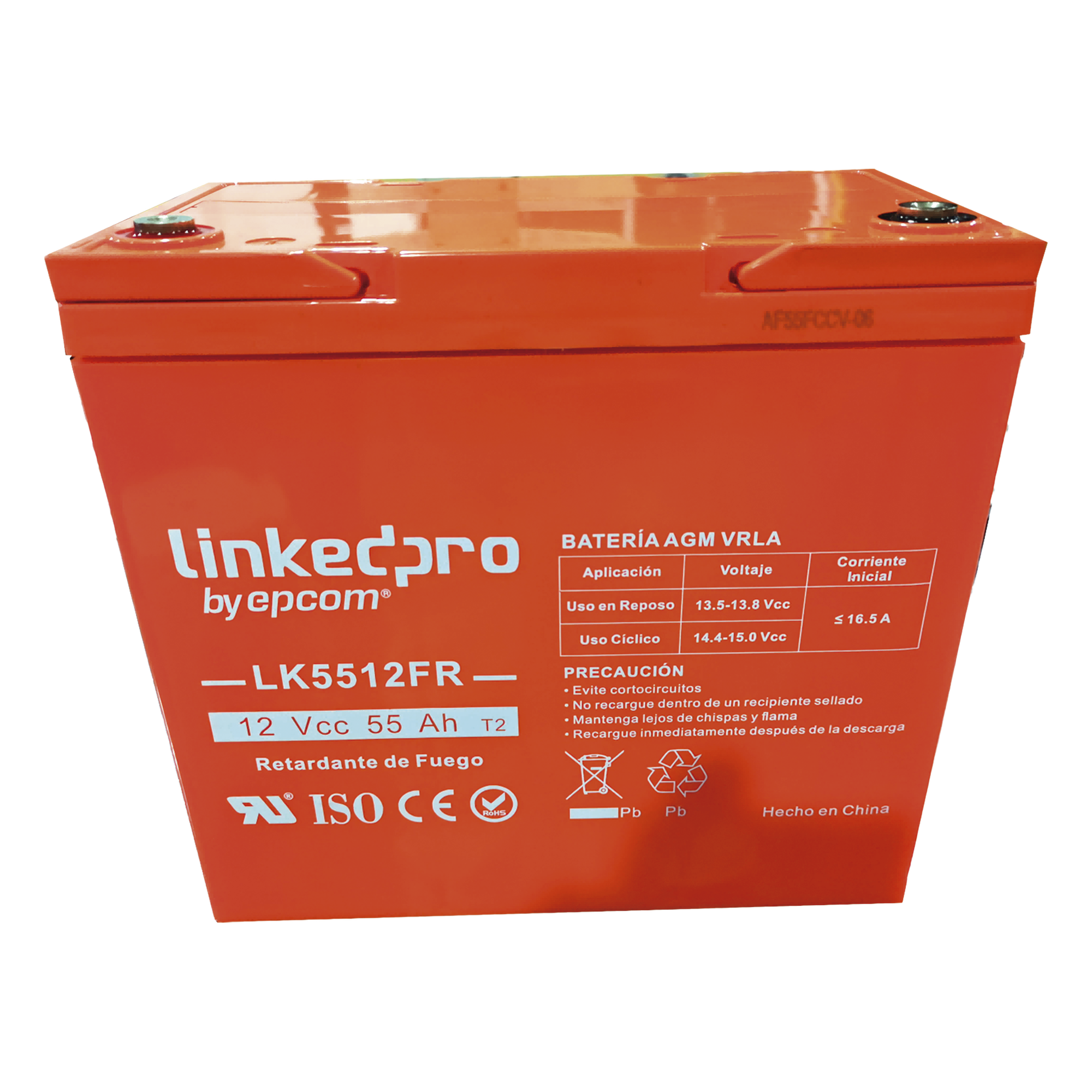 Batería de respaldo 12 V | 55 Ah | AGM | Certificada UL94-V0 Retardante a la Flama | Especial para Seguridad Electrónica | UPS | Sistemas de emergencia | Vida útil 5 años | Terminales T2 — LINKEDPRO BY EPCOM · SKU LK5512FR