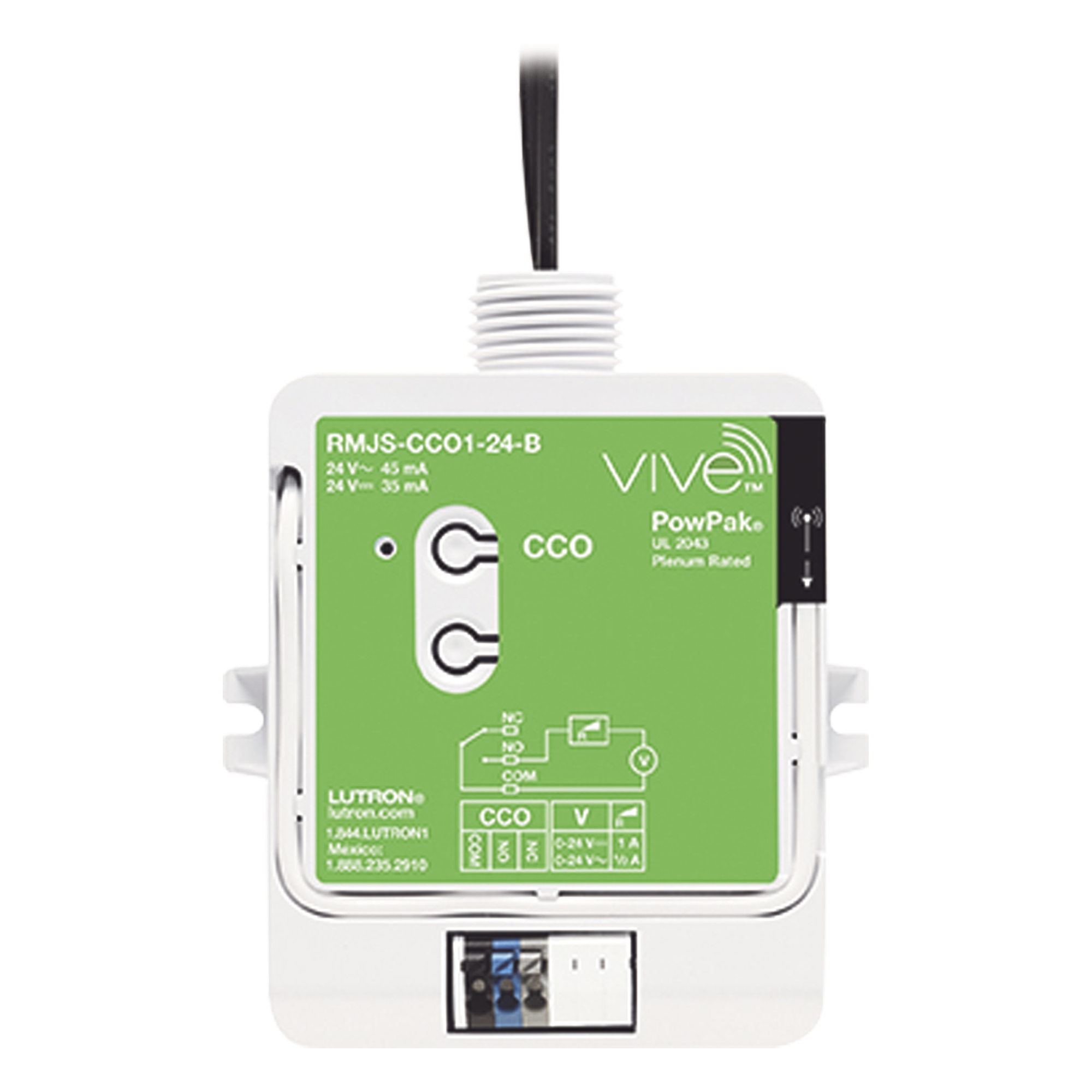 Módulo PowPak con salida de contacto seco para el sistema Vive, alimentación 24 Vca/Vcd, contactos NO y NC para integrar sensores y controles Pico con sistemas HVAC y BMS — LUTRON ELECTRONICS · SKU RMJSCCO124B