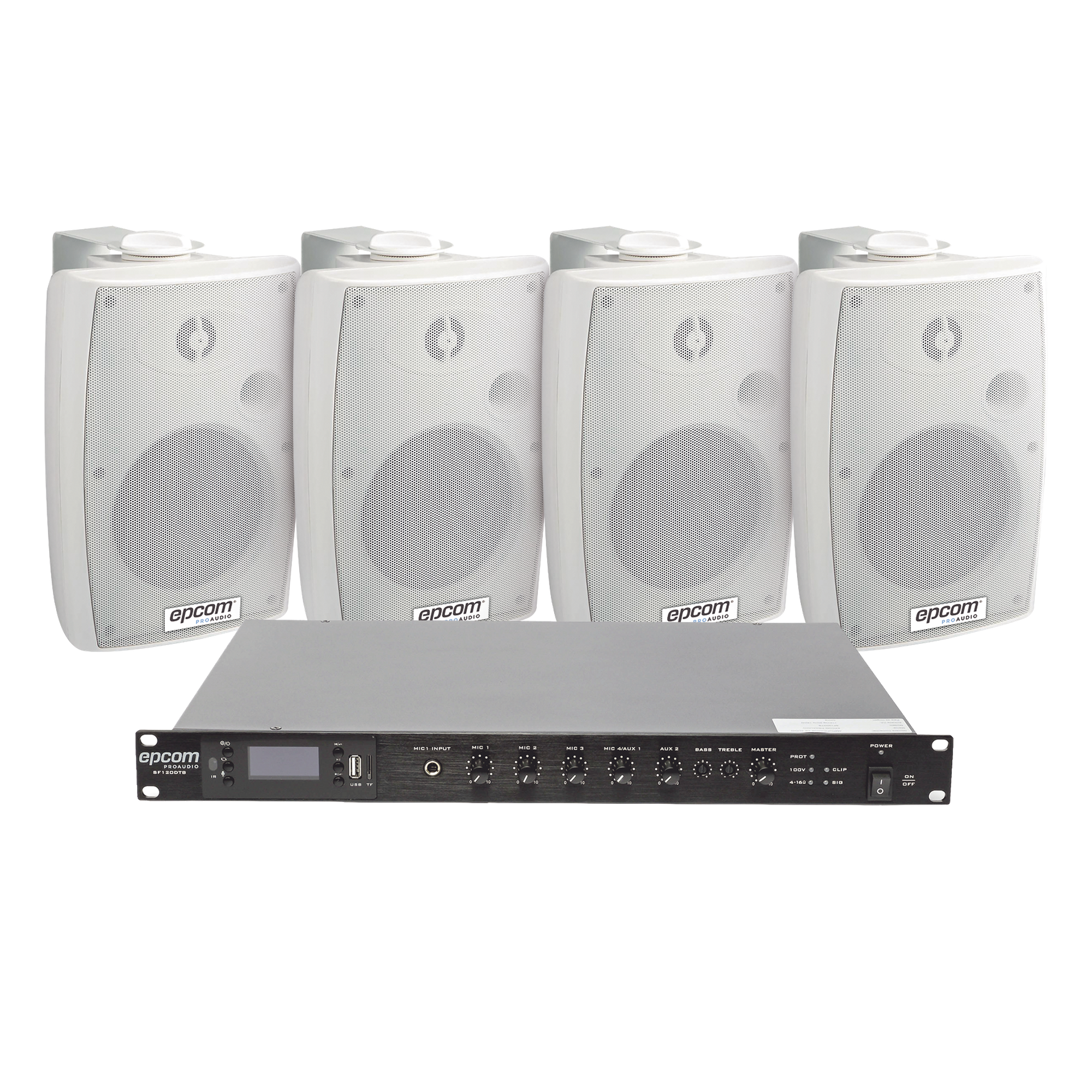 KIT de Amplificador de Audio 120W para Rack | 4 Altavoces de Pared color Blanco 2.5W - 20W | Sistema 70/100V