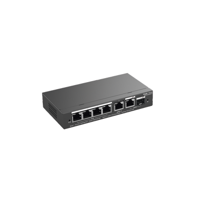 Switch Administrable con 4 puertos Gigabit PoE, 2 Uplink Gigabit y 1 Uplink Gigabit para Fibra SFP en combo, gestión gratuita desde la nube