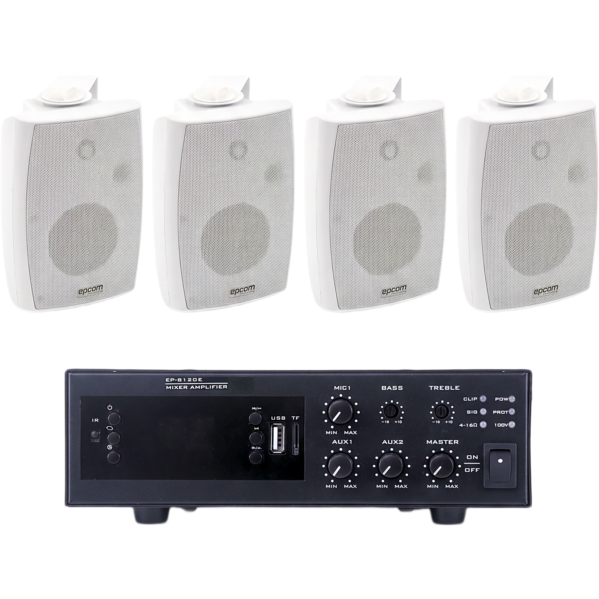 Kit de Amplificador de 120W para Escritorio / 4 Altavoces de Pared 2.5W - 20W / Sistema 70/100V / Bluetooth / USB / FM / XLR con Phantom 48V — EPCOM PROAUDIO · SKU EPB120E/4WSW