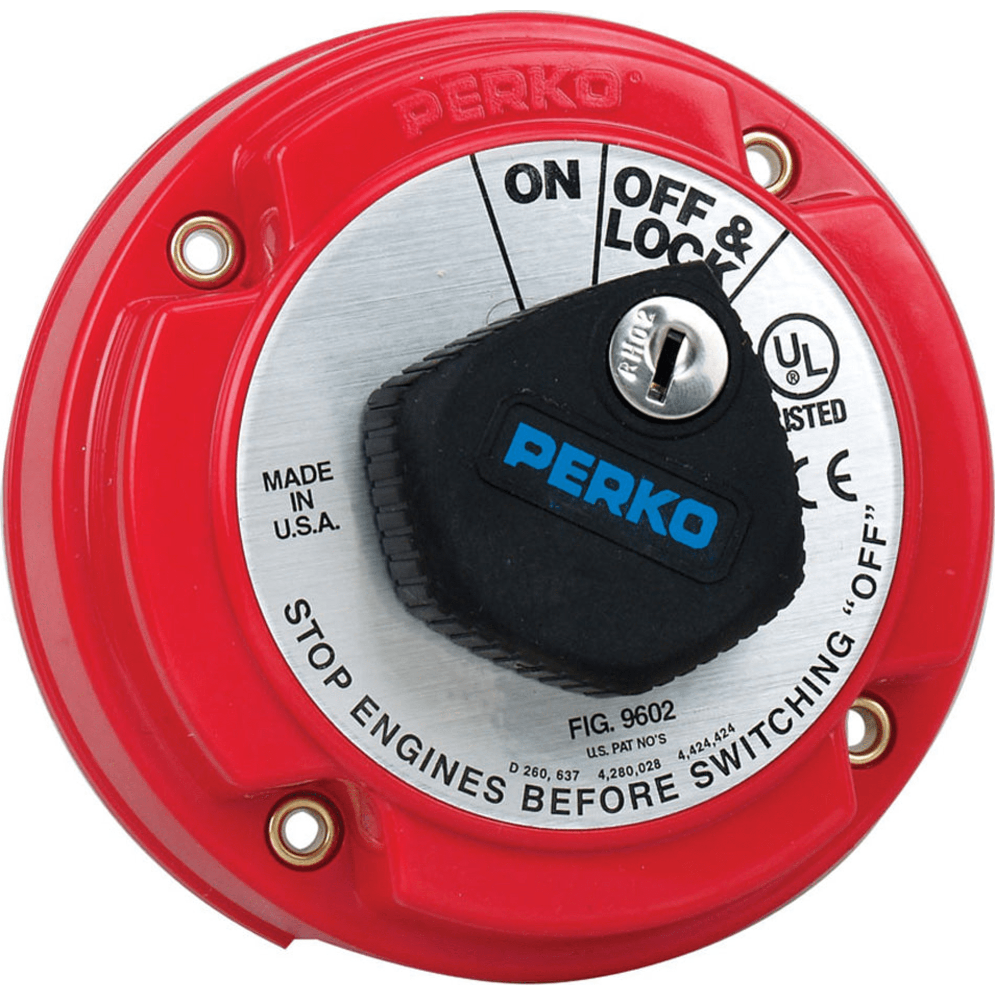 Interruptor de Desconexión de Batería Marina PERKO 9602 con Llave / 250A Continuos 360A Intermitentes / 6-32 VCC / Bloqueo en OFF / Montaje Superficie / Encendido Protegido · SKU 9602DP