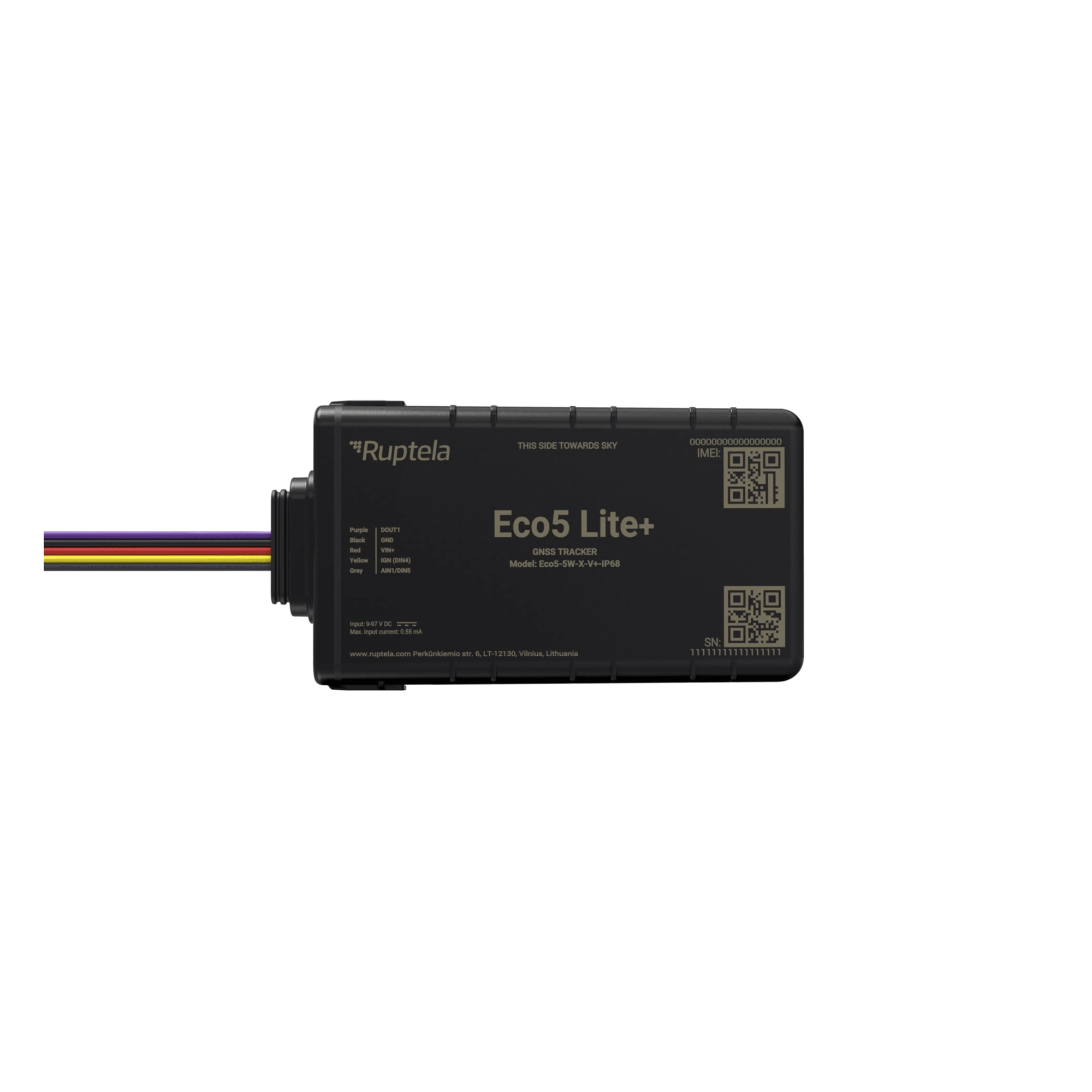 Rastreador Vehicular y Monitoreo de Flota / IP68 / BLE 5.0 y GNSS / LTE CAT1 y LTE-M con Respaldo 2G / GNSS U-blox / MiKado IP54 / Acelerómetro de 3 Ejes / Suministro 9-32 V / Batería Interna — RUPTELA · SKU ECO5LITEPLUS