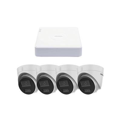 Kit IP 1080p (2 Megapixel) / NVR de 4 Canales con 4 Puertos PoE / 4 Cámaras IP Turret con Micrófono Integrado / ColorVu y ACUSENSE Lite — HIKVISION · SKU KIPCV2M/4T