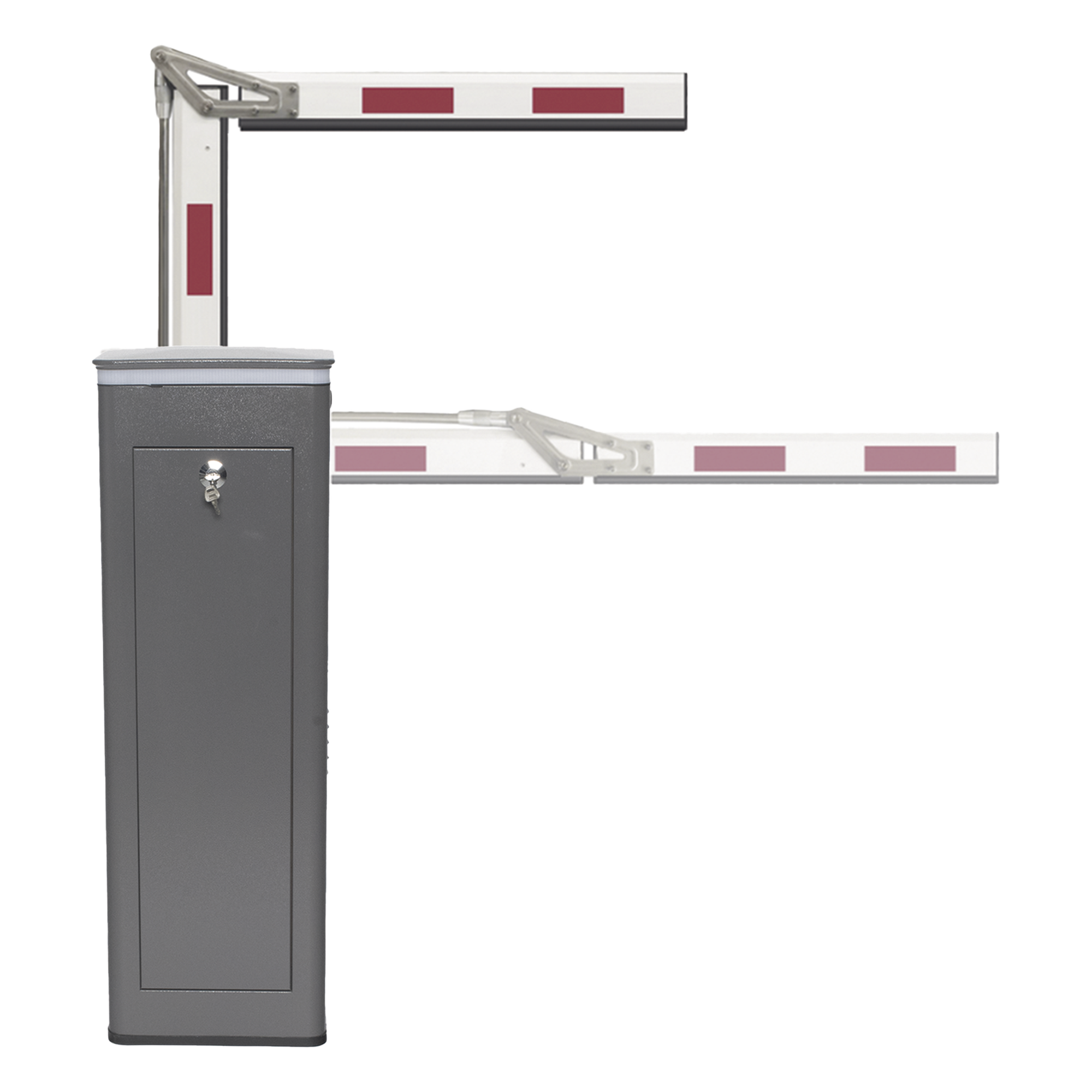 Kit de Barrera Vehicular Derecha y Brazo ARTICULADO de 4 Metros / Finales de Carrera Ajustables por Programación / Movimiento Fluido / Diseño Elegante Color Gris / Con Corona Led Semaforizada — ACCESSPRO · SKU KT-XBF-RBA4