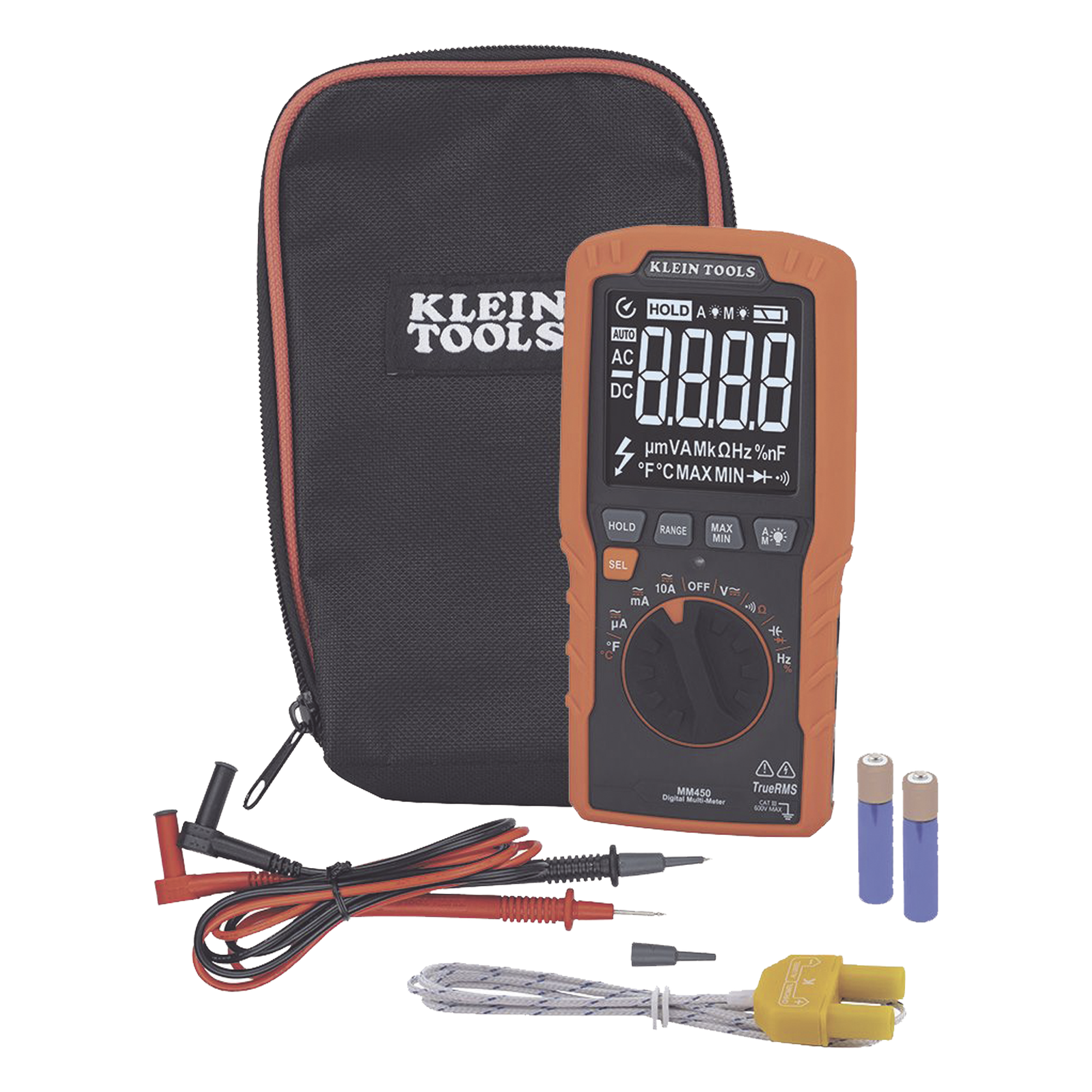 Multímetro Digital Esbelto de Rango Automático con TRMS 600V y Medición de Temperatura — KLEIN TOOLS · SKU MM450