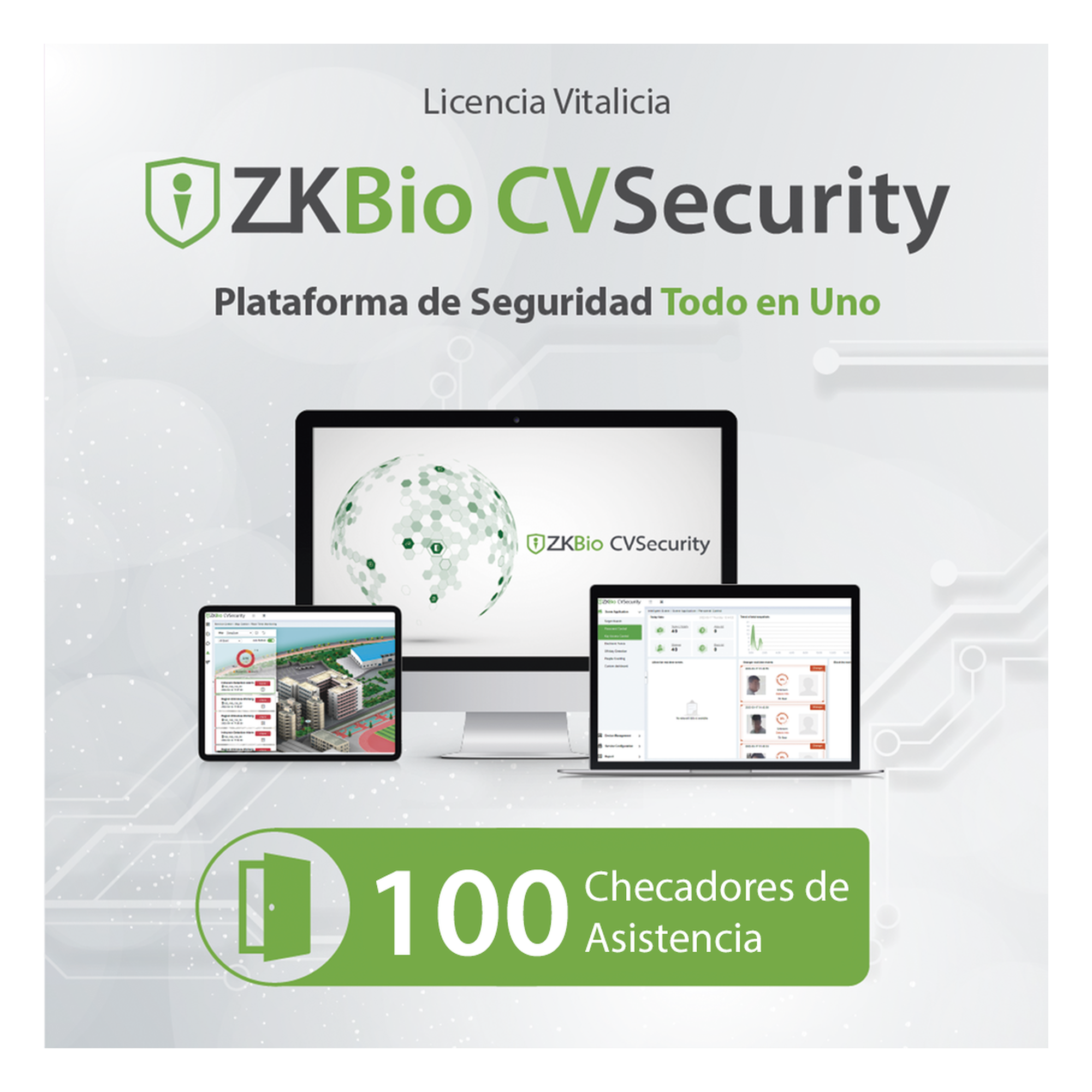 Licencia para ZKBio CVsecurity permite gestionar hasta 100 dispositivos para tiempo y asistencia — ZKTECO · SKU ZKCVTAP100