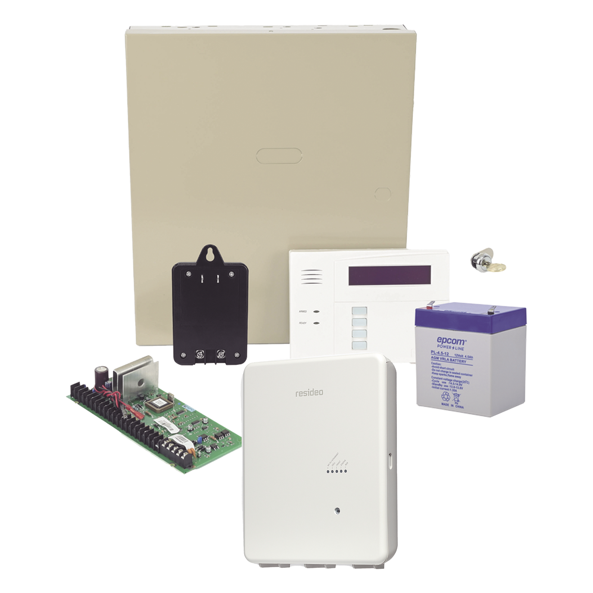Kit de panel de alarma con comunicador IP para central receptora, teclado alfanumérico, batería y transformador — HONEYWELL HOME RESIDEO · SKU VISTA48/IPCOM