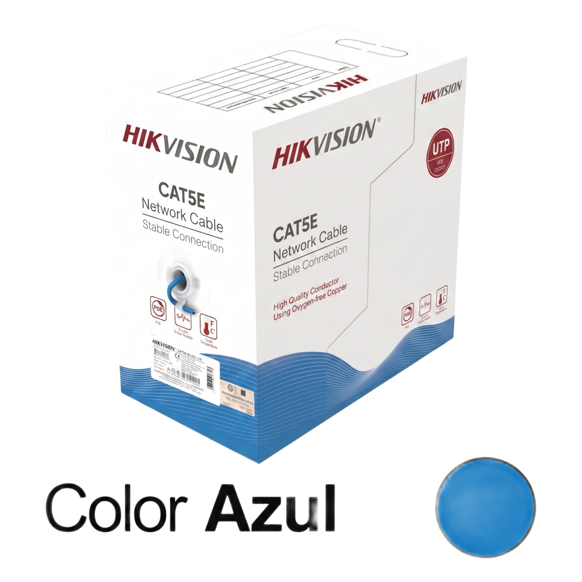 Bobina de Cable UTP 305 Metros (1000 Pies) / Cat5E (24 AWG) / Color Azul / PVC (CM) / Uso en Interior / 100% Cobre / Aplicaciones de CCTV y Redes de Datos — HIKVISION · SKU DS-1LN5E-SB