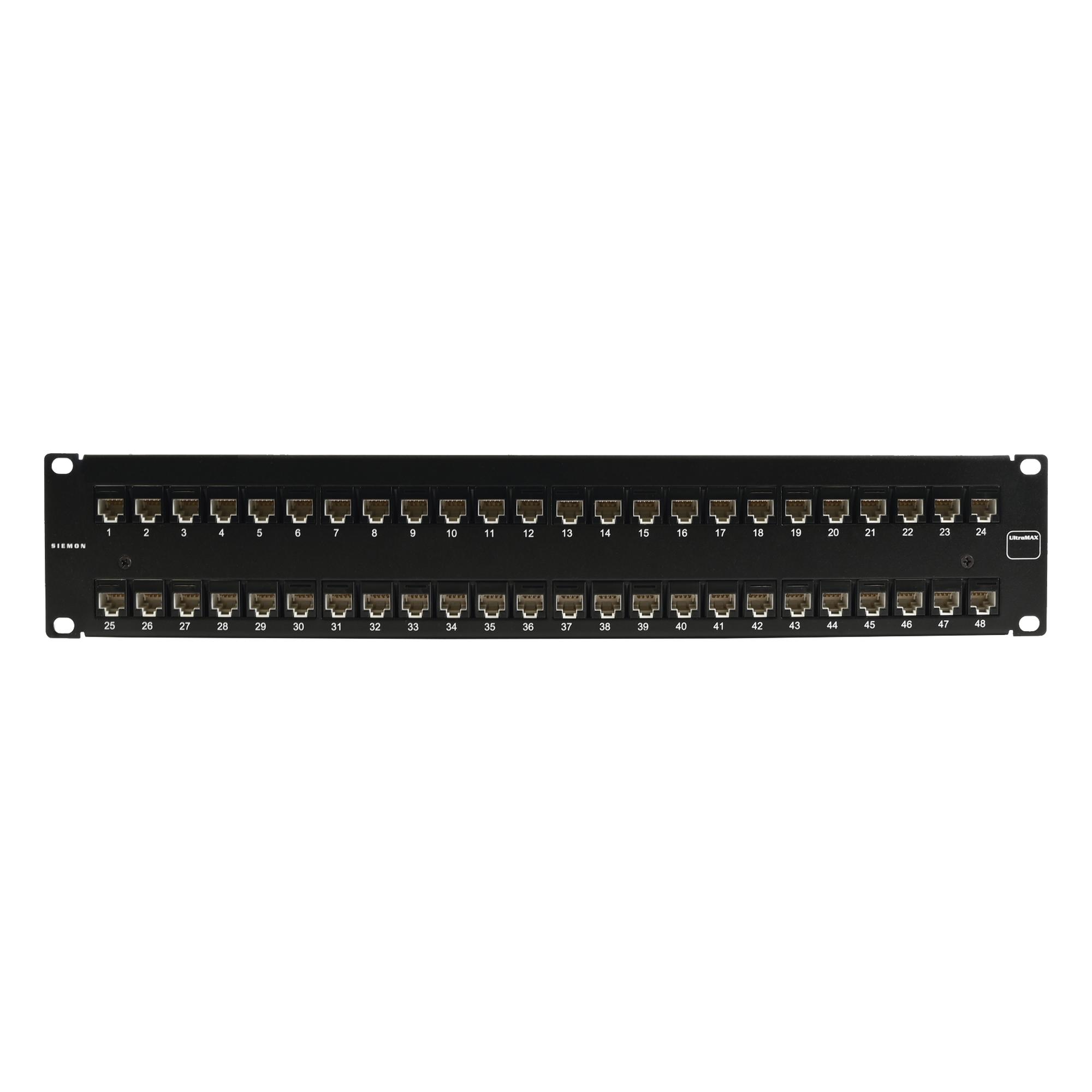 Patch Panel Ultramax. UTP, Precargado con Jacks Cat6A, 48 Puertos, Plano, 2U — SIEMON · SKU UP6A-F2-48L-RS