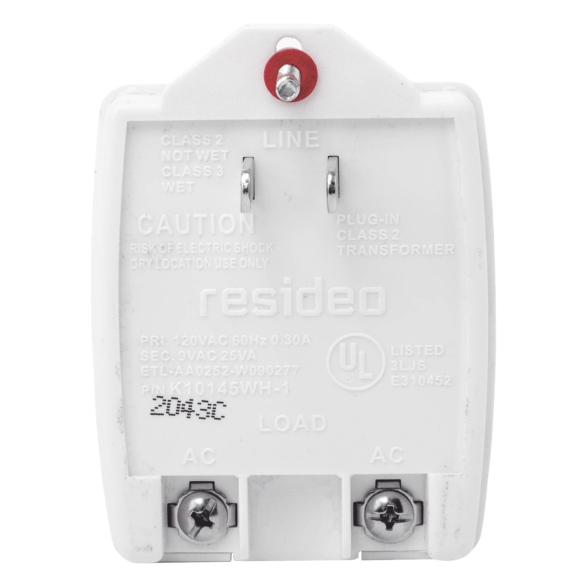 Transformador de pared 120 Vca a 9 Vca, 25 VA, Clase 2, con listado UL — HONEYWELL · SKU K10145WH-1