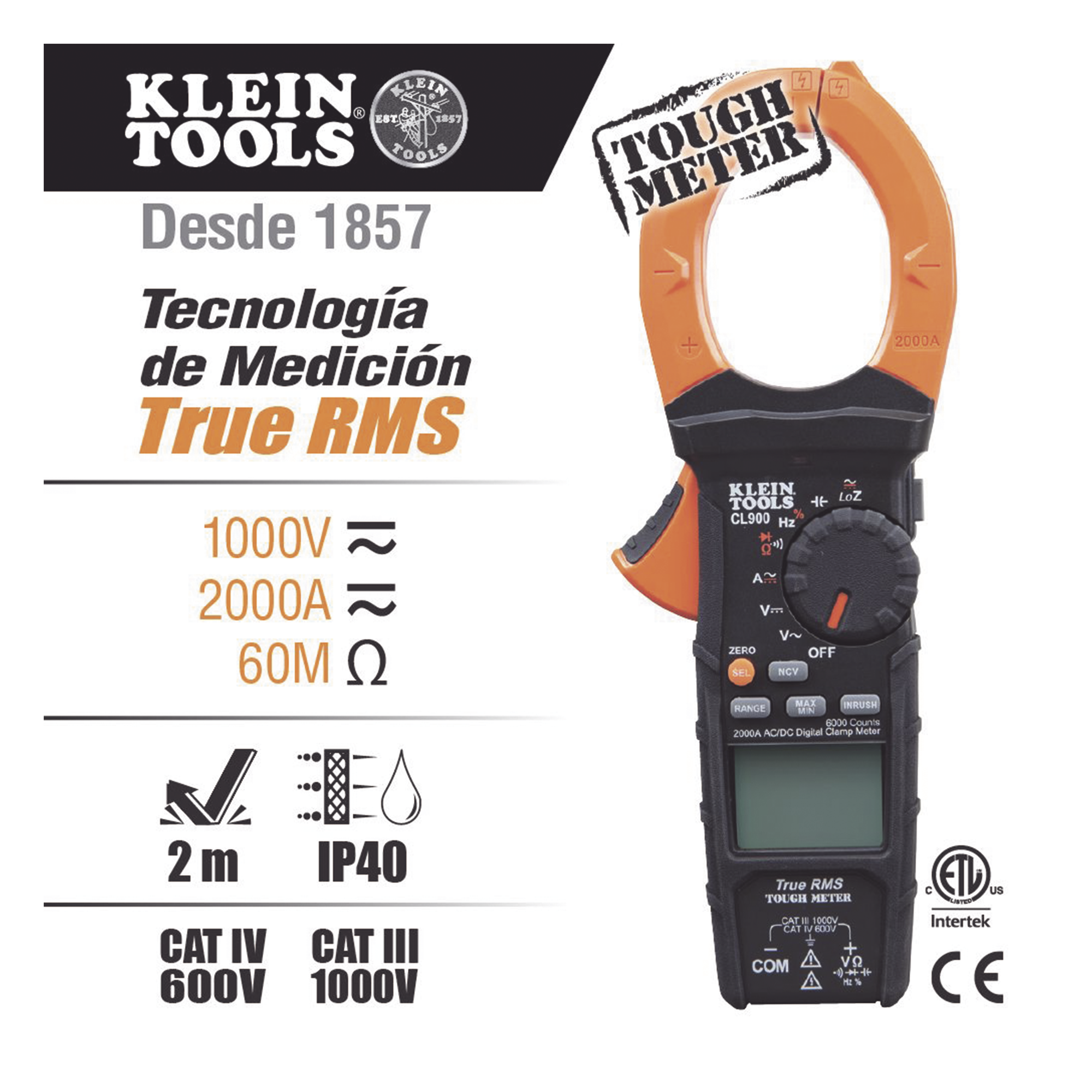 Amperímetro Digital de Gancho de Rango Automático de 2000 A CA, con Media Cuadrática Real y Baja Impedancia (LoZ).
