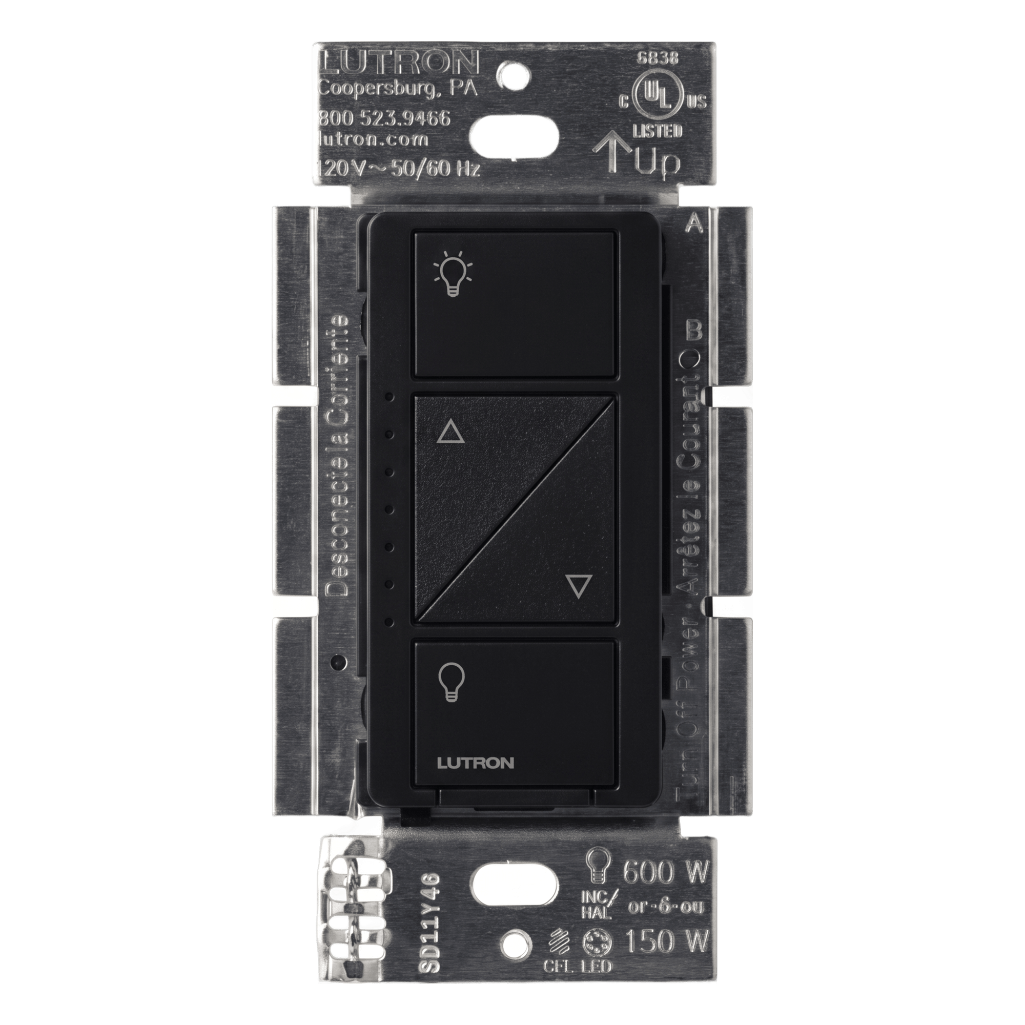 Atenuador de pared inteligente Caseta Wireless PRO de 120 V para 250 W LED/CFL, 1000 W incandescente/halógeno o 1000 VA MLV, neutro opcional, control con Pico y Smart Bridge, negro — LUTRON CASETA WIRELESS · SKU PD10NXDBL
