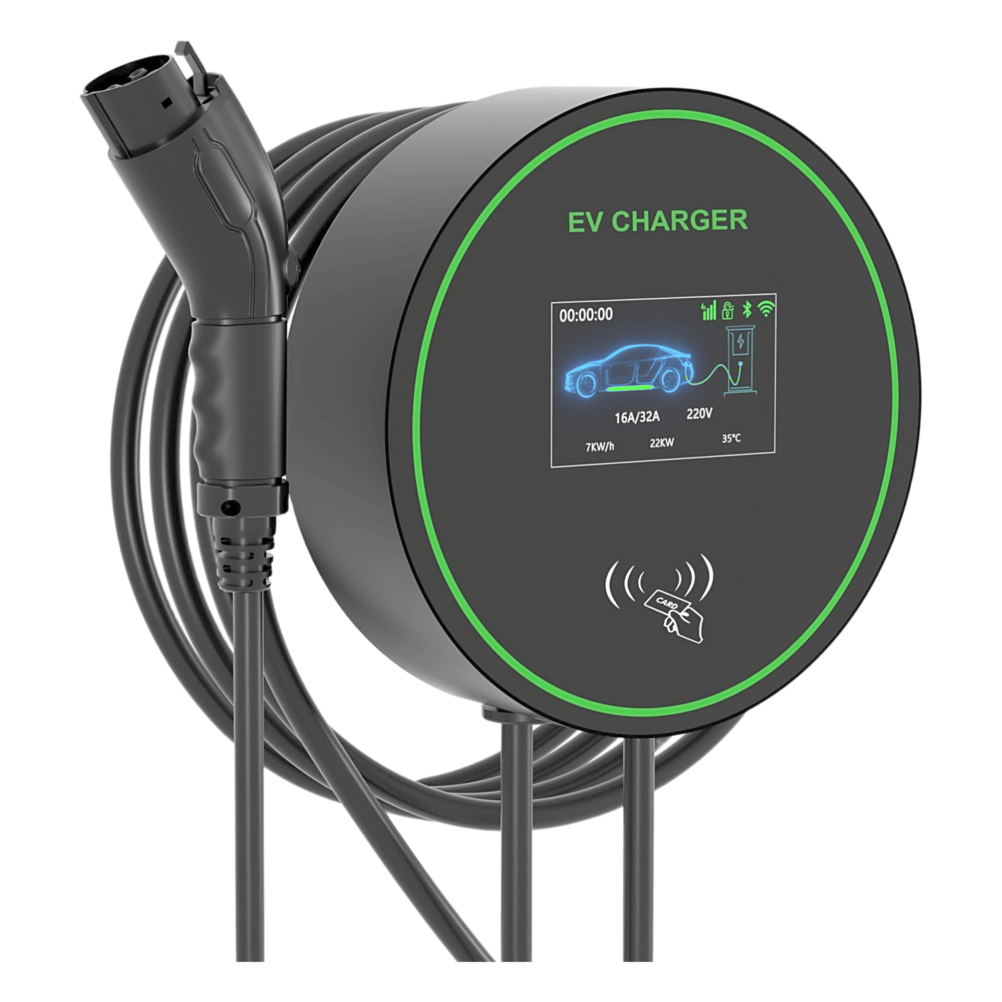 Estación de Carga EV / 11.5 kW / 48 A / Conector Tipo 1 (SAE J1772) / 220-250 V Monofásico / Pantalla LCD 4.3 in (10.9 cm) / Cable TPU 5 m (16.4 ft) / IP65 / RFID / APP Móvil — GREENC · SKU S01US48A