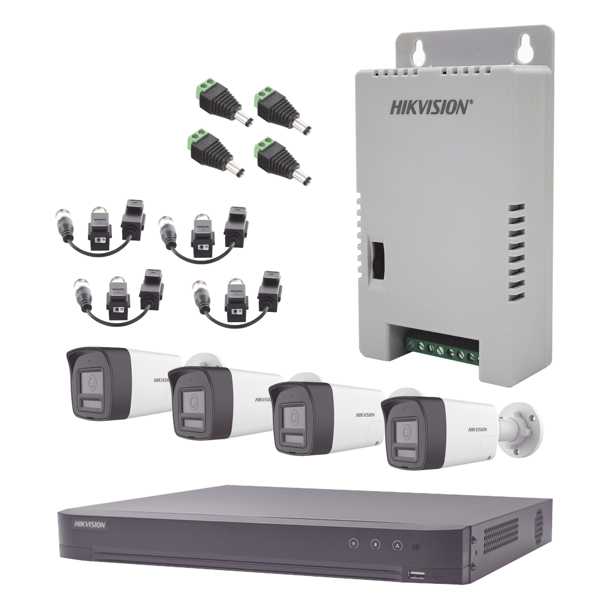 Kit Audio Bidireccional TurboHD 3K Real / DVR 4 Canales 4K / 4 Cámaras Bala (Exterior) con Bocina y Microfóno Integrado 3K / 1 Fuentes de Poder / Accesorios — HIKVISION · SKU KH-4K-4B-TWA