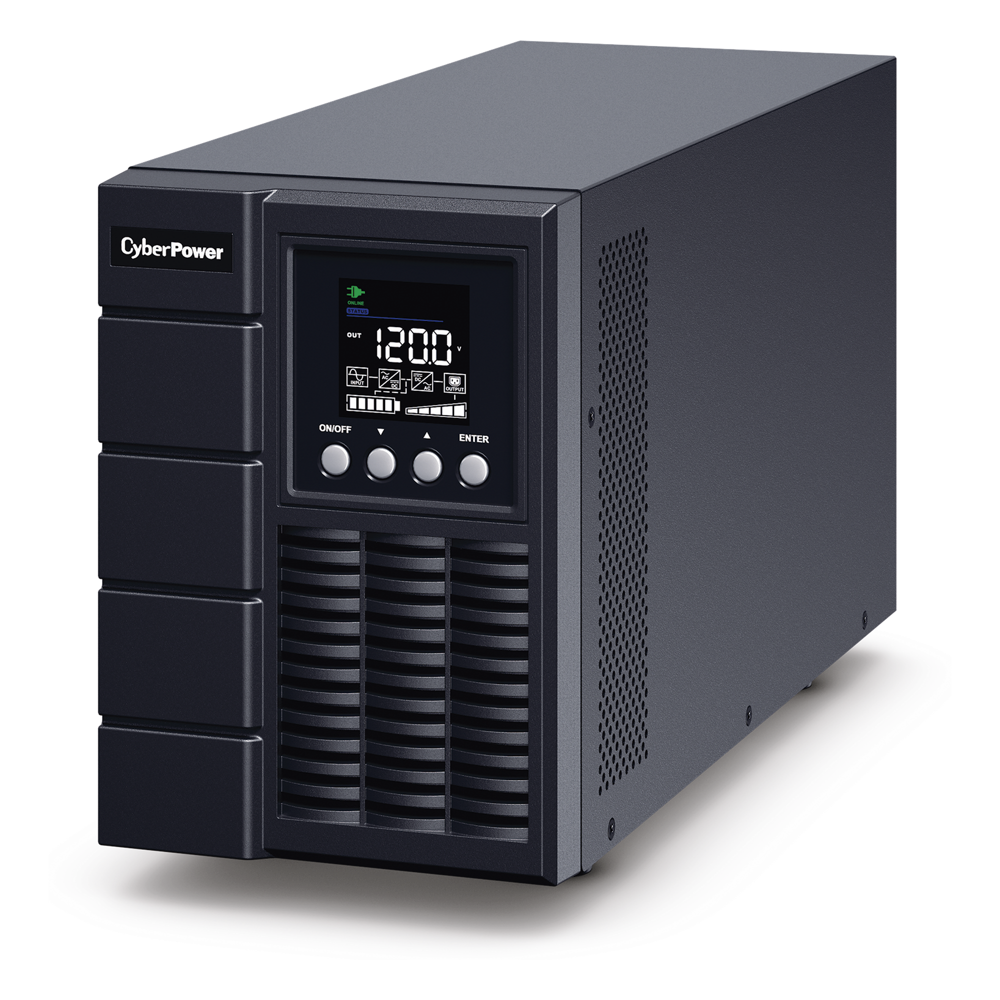 UPS de 2000 VA/1800 W, Online Doble Conversión, Entrada 120 Vca NEMA 5-20P, Onda Senoidal Pura, Tipo Torre, Con 6 Tomas NEMA 5-20R — CYBERPOWER · SKU OLS2000A