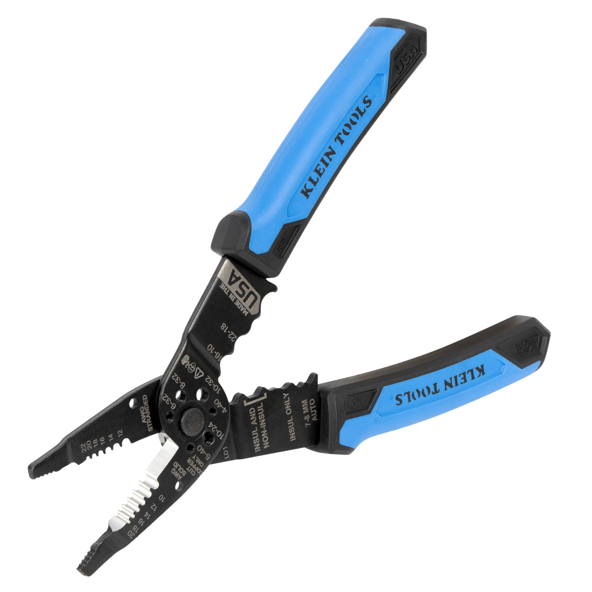 Pinzas Pelacables Multiuso / Pela Cables Sólidos 10-20 AWG y Trenzados 12-22 AWG / Capacidad Ponchado Terminales 10-22 AWG / Corte Tornillos 4-40 a 10-32 / Acero Óxido Negro / Mangos TPE Ergonómicos