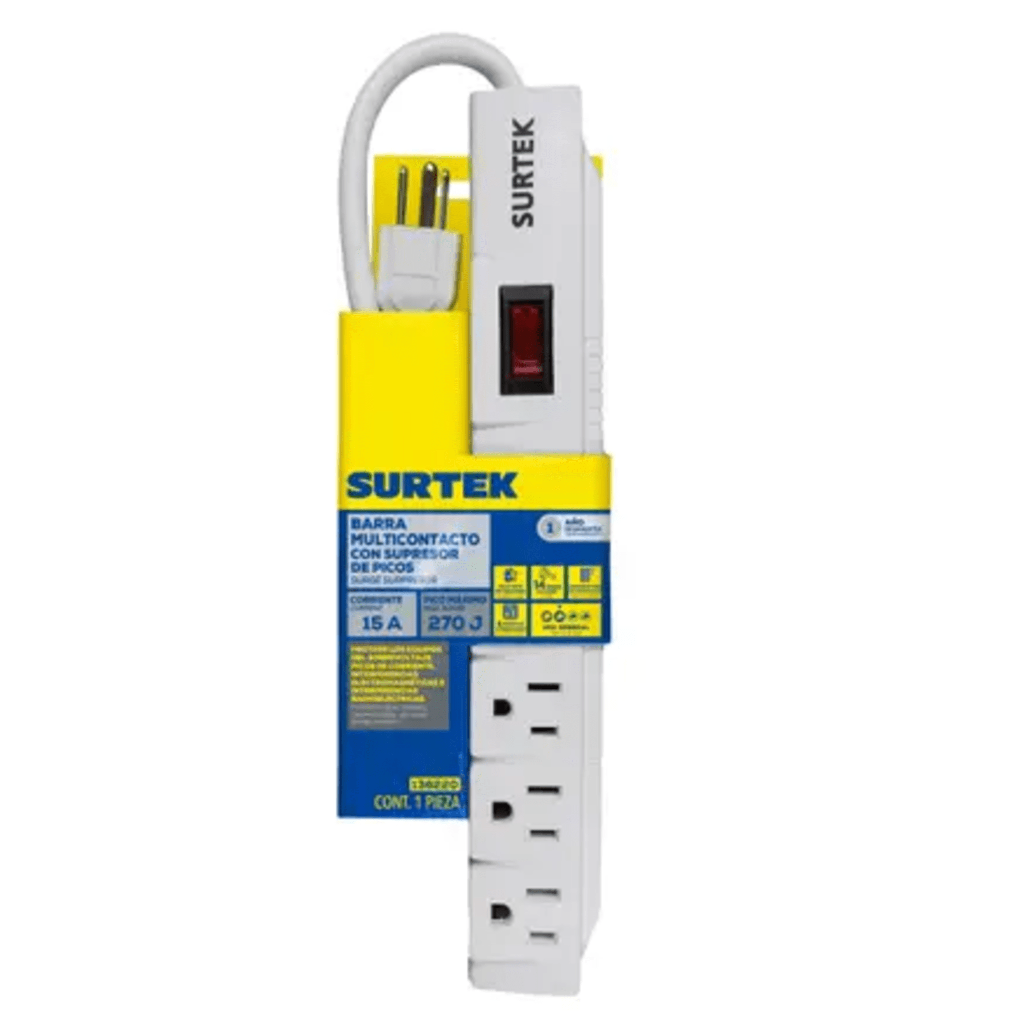 Multicontacto con Supresor de Picos 270 Joules, Voltaje de Entrada: 127 Vca NEMA 5-15P, Con 6 Salidas NEMA 5-15R. 