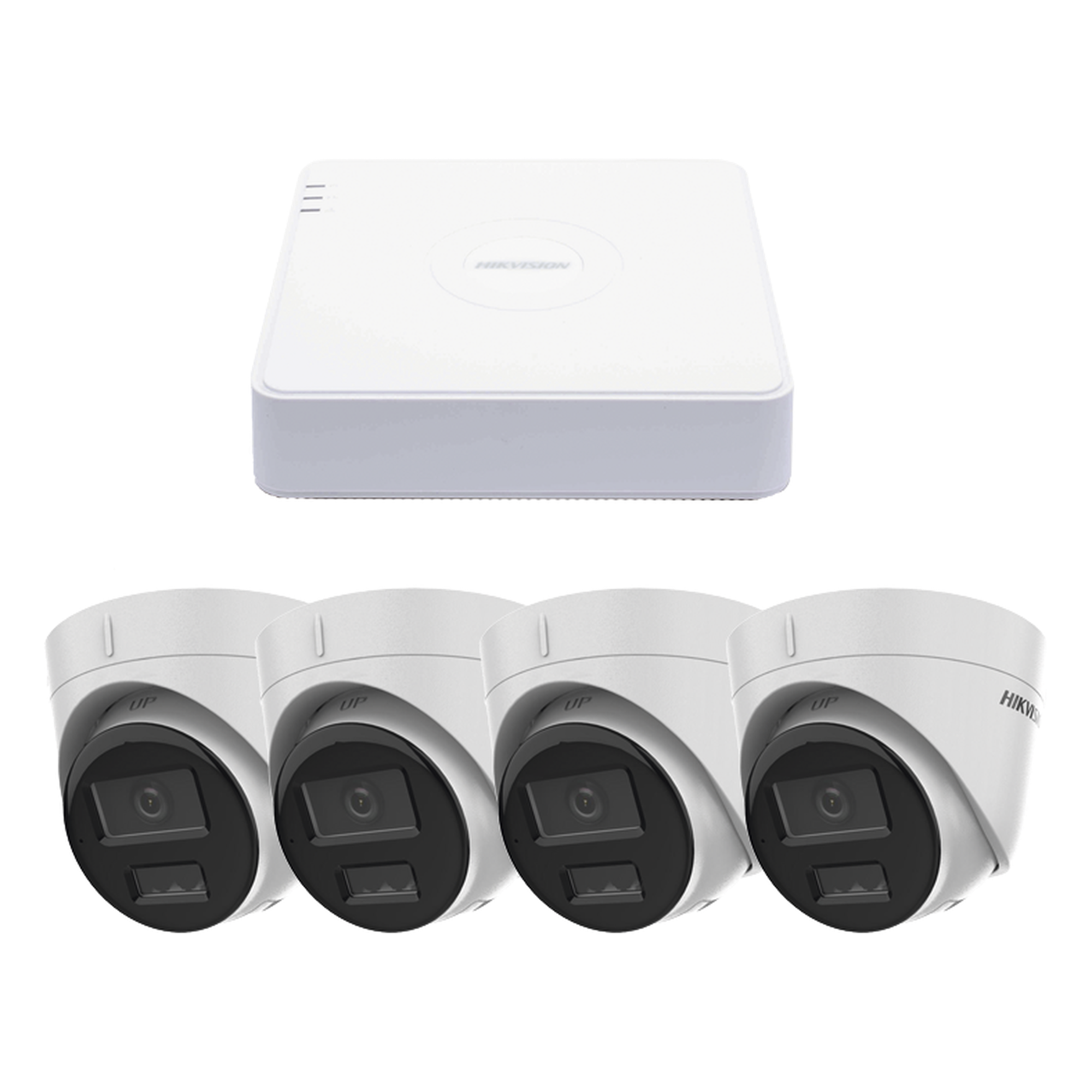 Kit IP 1080p (2 Megapixel) / NVR de 4 Canales con 4 Puertos PoE / 4 Cámaras IP Turret con Micrófono Integrado / ColorVu y ACUSENSE Lite — HIKVISION · SKU KIPCV2M/4T