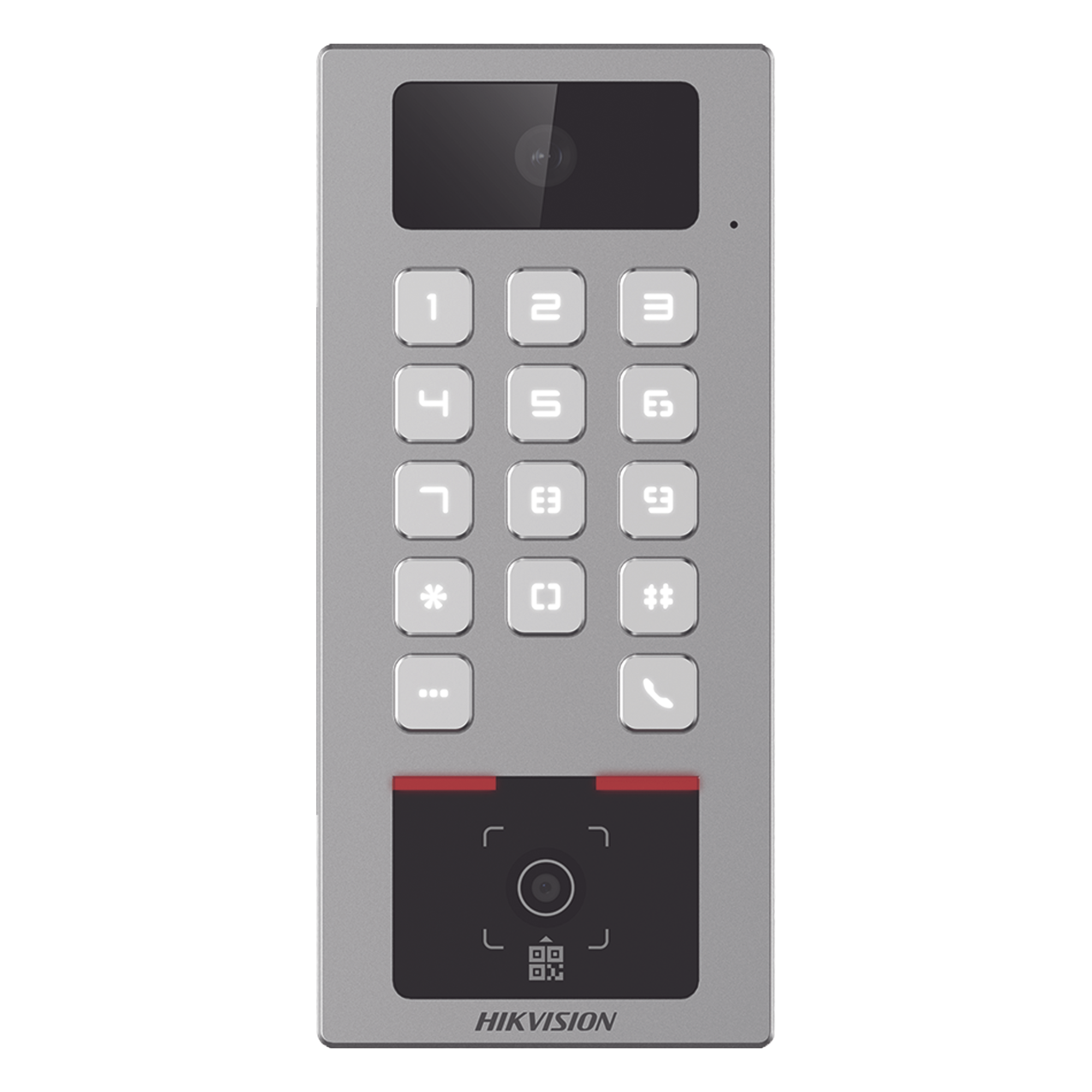 (PoE / 2 Relays) Teclado con Lector Físico de QRs para Exterior Antivandálico IP65 & IK09 con función de Videoportero Multiapartamento / Tarjeta, Código QR, PIN o App HikConnect / Cámara 2 MP compatible con NVRs / — HIKVISION · SKU DS-K1T502DBWX-CQR-E1
