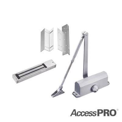 Kit para control de acceso incluye Chapa magnética de 600Lbs / Montajes L y Z / Cierra puerta para 45-65Kg. — ACCESSPRO · SKU ACCESSKIT600N