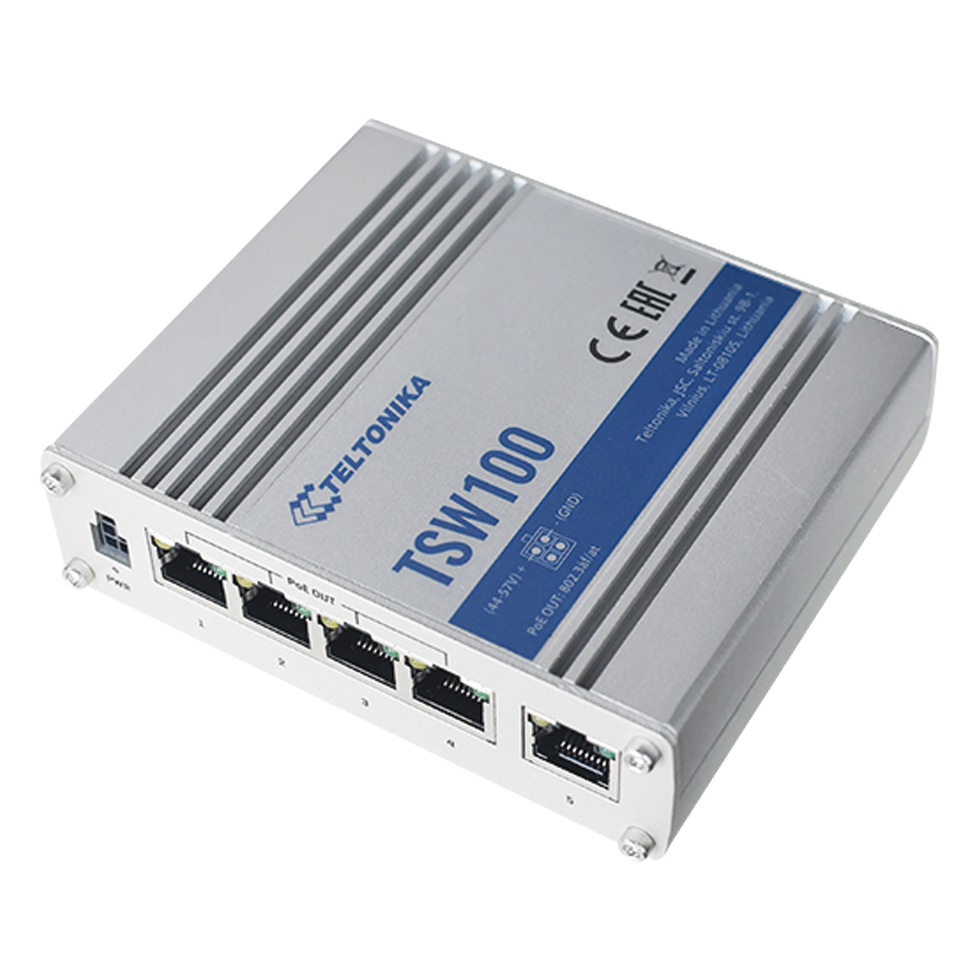 Switch Industrial No-Administrable 5 puertos Gigabit, PoE en 4 puertos 802.3af/at (120W) — TELTONIKA · SKU TSW100
