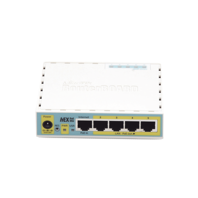 (hEX PoE LITE) RouterBoard, 5 Puertos Fast Ethernet, 4 con PoE Pasivo, 1 Puerto USB