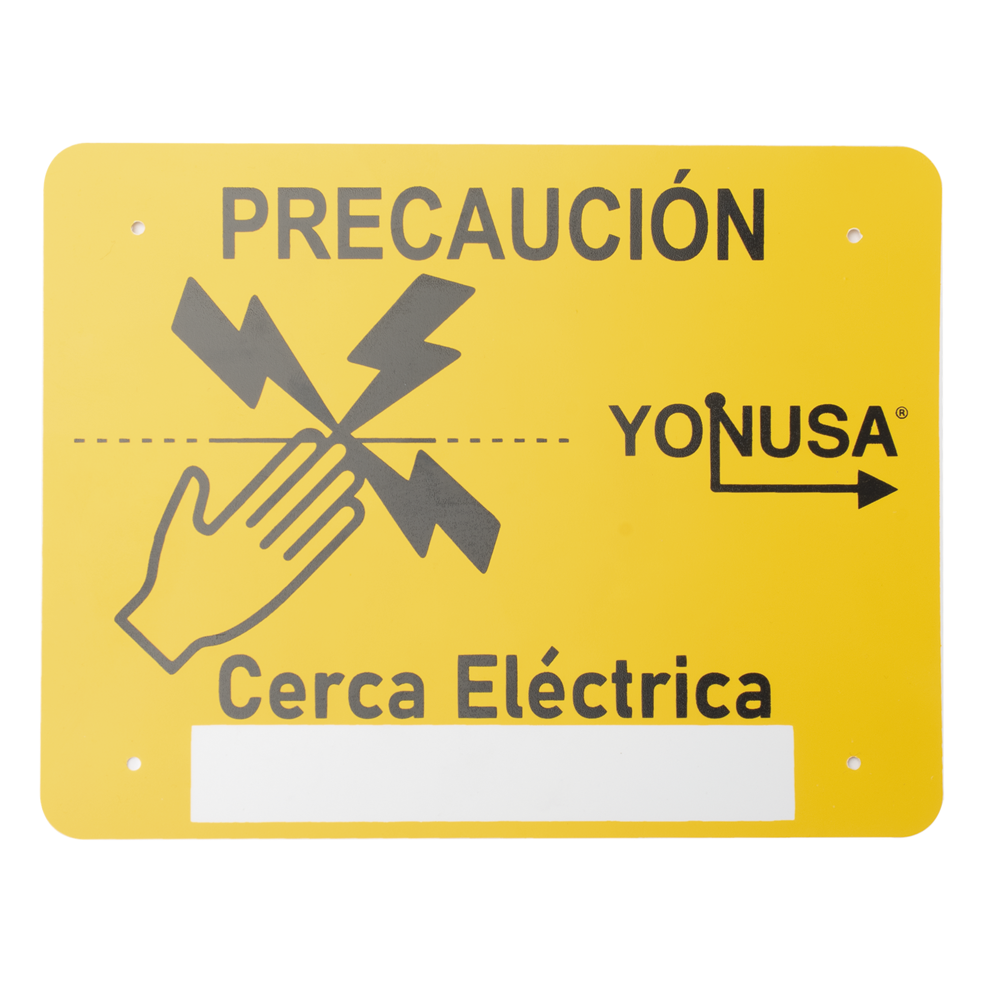 Letrero de PRECAUCION para cercas electrificadas (21.8 x 17 cm) / Estireno Serigrafiado 2 Tintas / Protección UV / 4 Perforaciones — YONUSA · SKU SYSLETV2