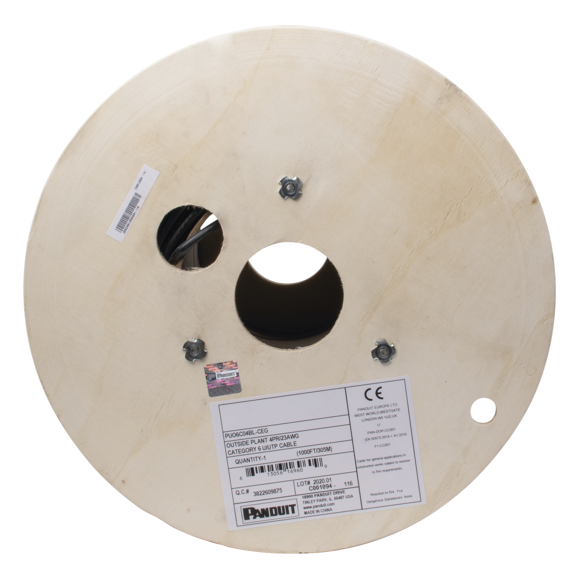 Bobina de Cable UTP de 4 Pares, PanNet, Para Exterior con Gel, Cat6 (23 AWG), Industrial para Climas Extremos, Color Negro, 305 Metros (1000 Pies)