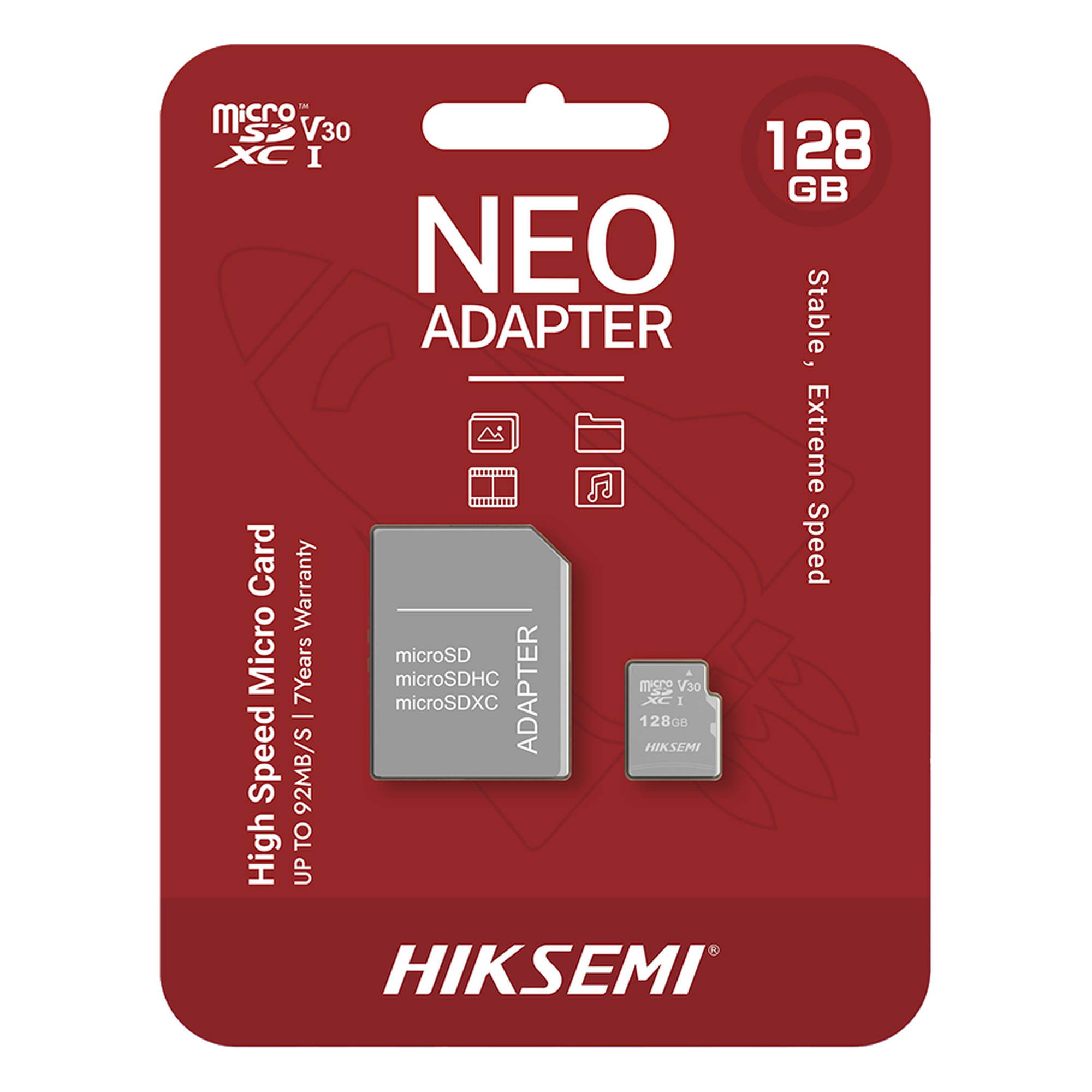 Memoria microSD con Adaptador / 128 GB / Clase 10 / NAND TLC / 92 MB/s Lectura / Multipropósito — HIKSEMI by HIKVISION · SKU HS-TF-C1/128G/NEO/A