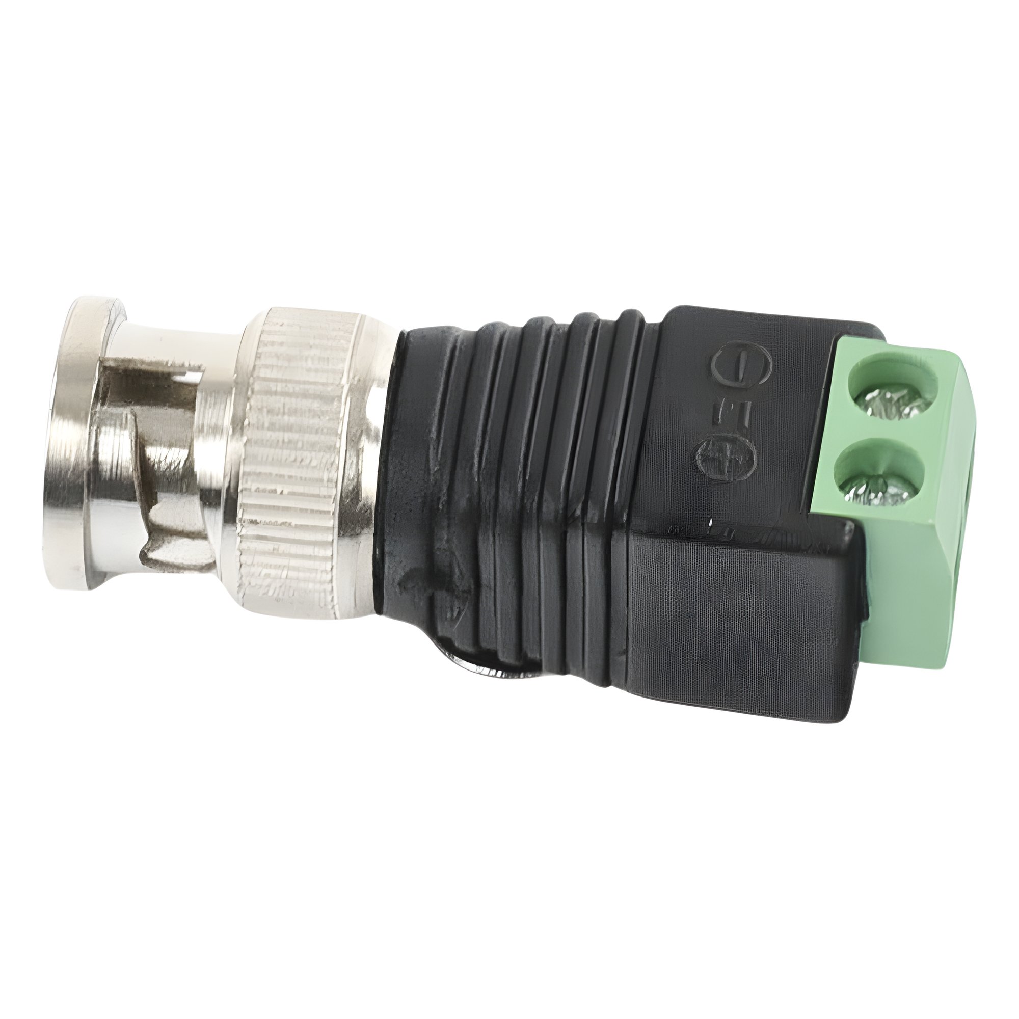 Adaptador de conector BNC macho a 2 terminales-tornillo para cables AWG-26-14, en aplicaciones Video Vigilancia, Níquel/ Oro/  PTFE y PVC.